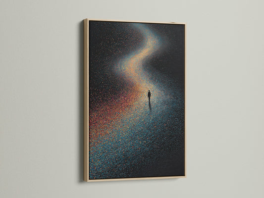 This is a close-up of a cosmic galaxy canvas print. The artwork is framed in oak. It features surreal space art prints. The piece is known for its celestial decor. The oak frame beautifully complements the pointillism art. It is ideal for creating a contemporary aesthetic.