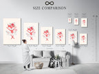 A size comparison chart displayed in an interior setting showcases the fox ballerina artwork. This visual guide helps you choose the perfect dimensions for your nursery prints. Select the ideal size to create a stunning focal point for your kids wall art or ballet decor.