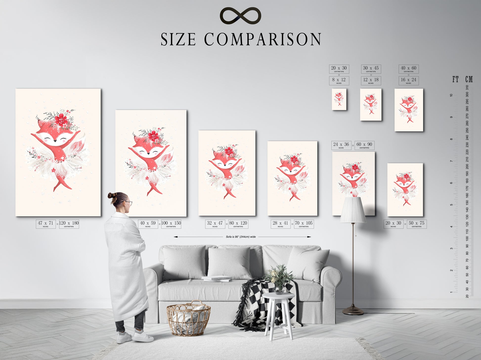 A size comparison chart displayed in an interior setting showcases the fox ballerina artwork. This visual guide helps you choose the perfect dimensions for your nursery prints. Select the ideal size to create a stunning focal point for your kids wall art or ballet decor.