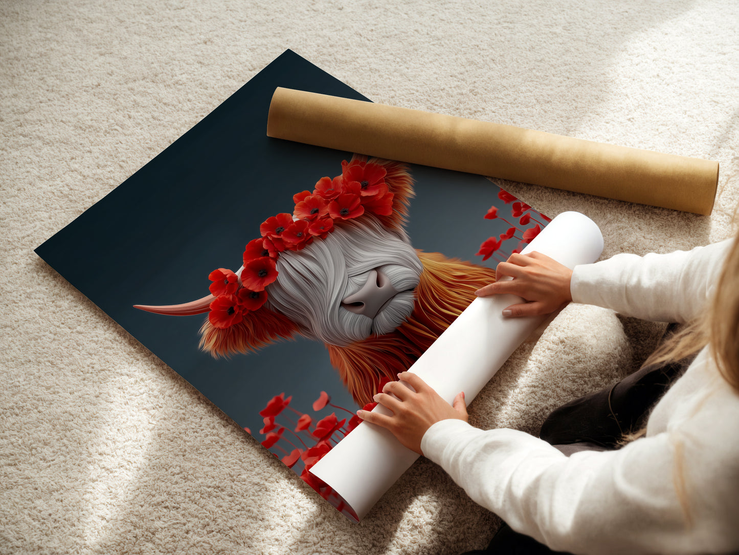 A woman is carefully unrolling a fine art poster paper. The paper is ready for the Highland Cow artwork to be printed. Ensuring a high quality animal art print for your home decor. Get ready to enhance your walls