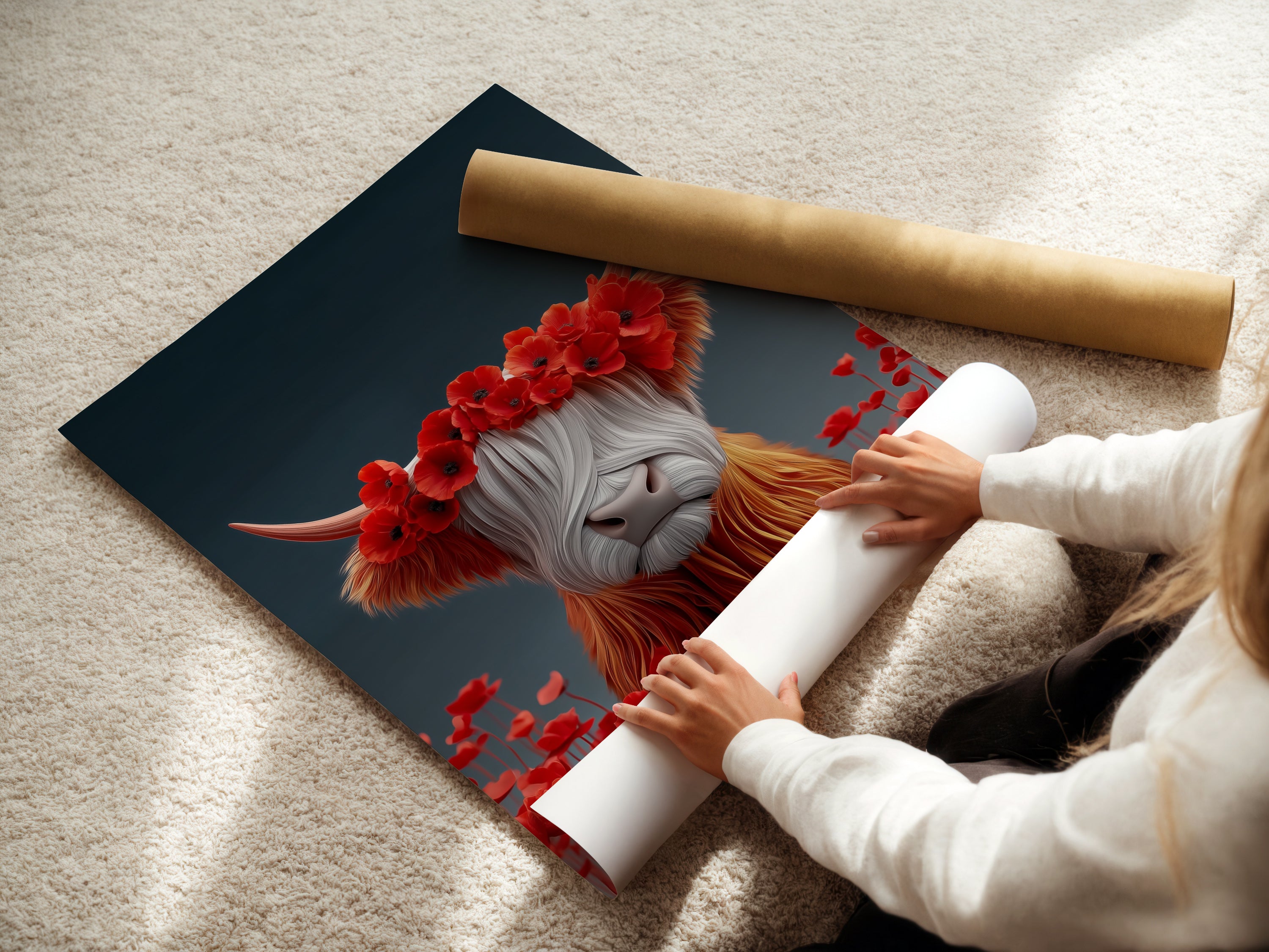 A woman is carefully unrolling a fine art poster paper. The paper is ready for the Highland Cow artwork to be printed. Ensuring a high quality animal art print for your home decor. Get ready to enhance your walls