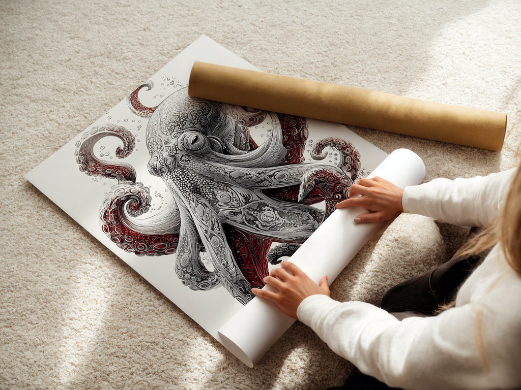A woman is carefully rolling a fine art poster paper print. This high-quality material ensures a lasting vibrant piece. The Octopus art print is perfect for coastal decor. Bring the beauty of the ocean to your walls with this nautical print.