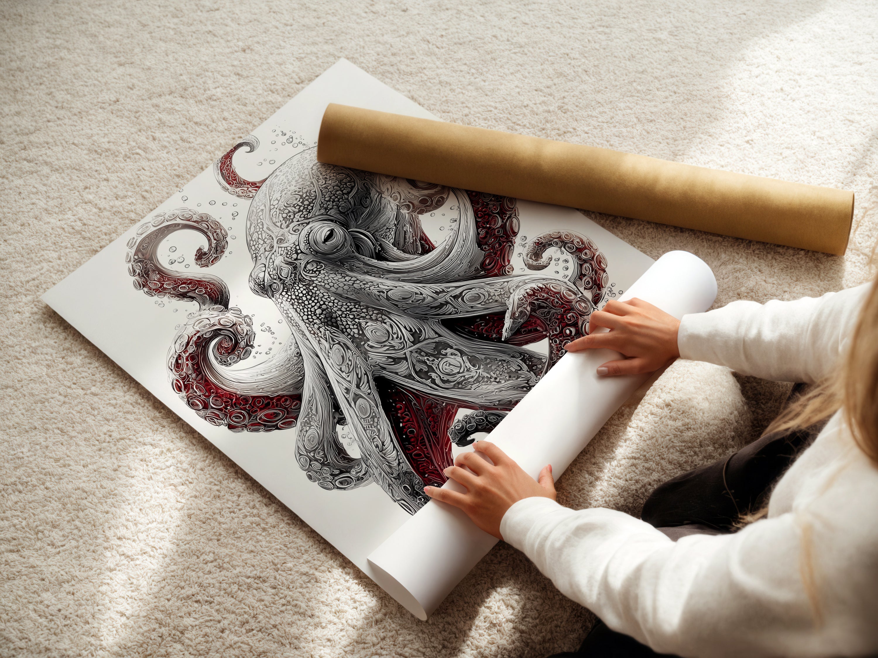 A woman is carefully rolling a fine art poster paper print. This high-quality material ensures a lasting vibrant piece. The Octopus art print is perfect for coastal decor. Bring the beauty of the ocean to your walls with this nautical print.