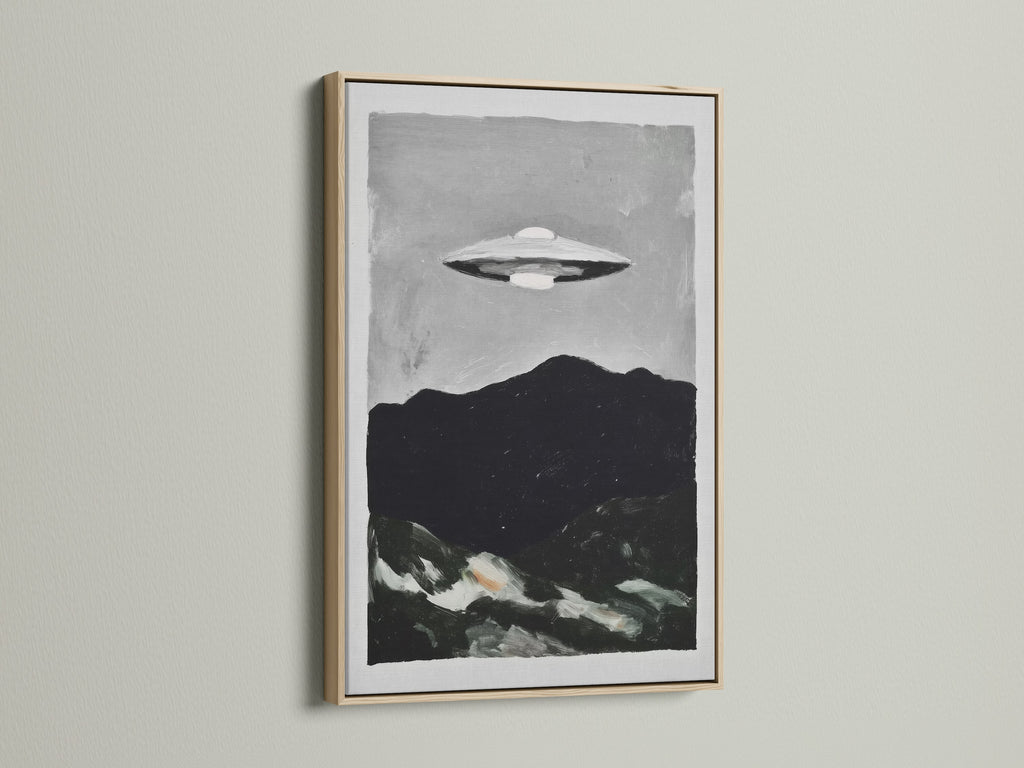 UFO Sci-Fi art print in an oak frame. This piece is ideal for minimalist Scandinavian or industrial styles. Elevate your living room bedroom or office wall art with this unique alien artwork.