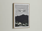 UFO Sci-Fi art print in an oak frame. This piece is ideal for minimalist Scandinavian or industrial styles. Elevate your living room bedroom or office wall art with this unique alien artwork.