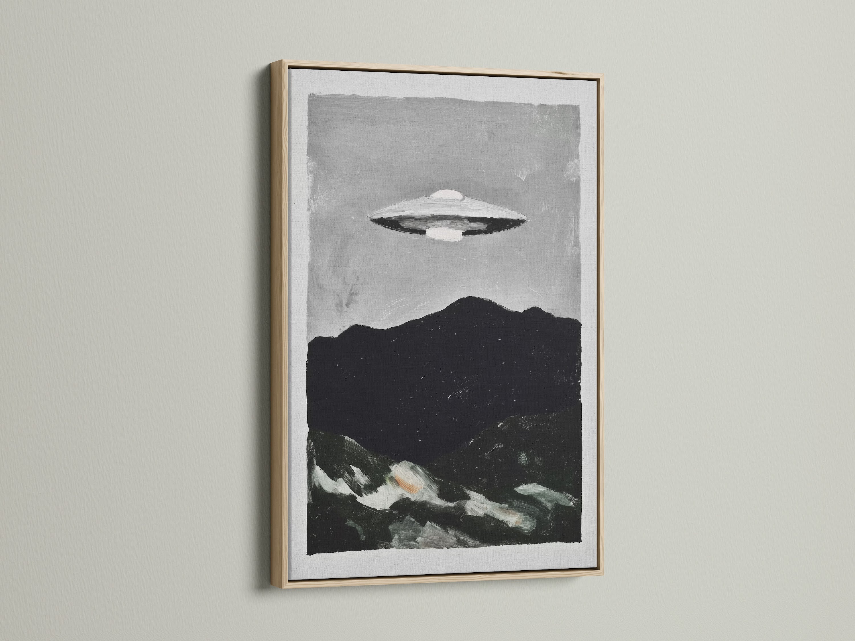 UFO Sci-Fi art print in an oak frame. This piece is ideal for minimalist Scandinavian or industrial styles. Elevate your living room bedroom or office wall art with this unique alien artwork.