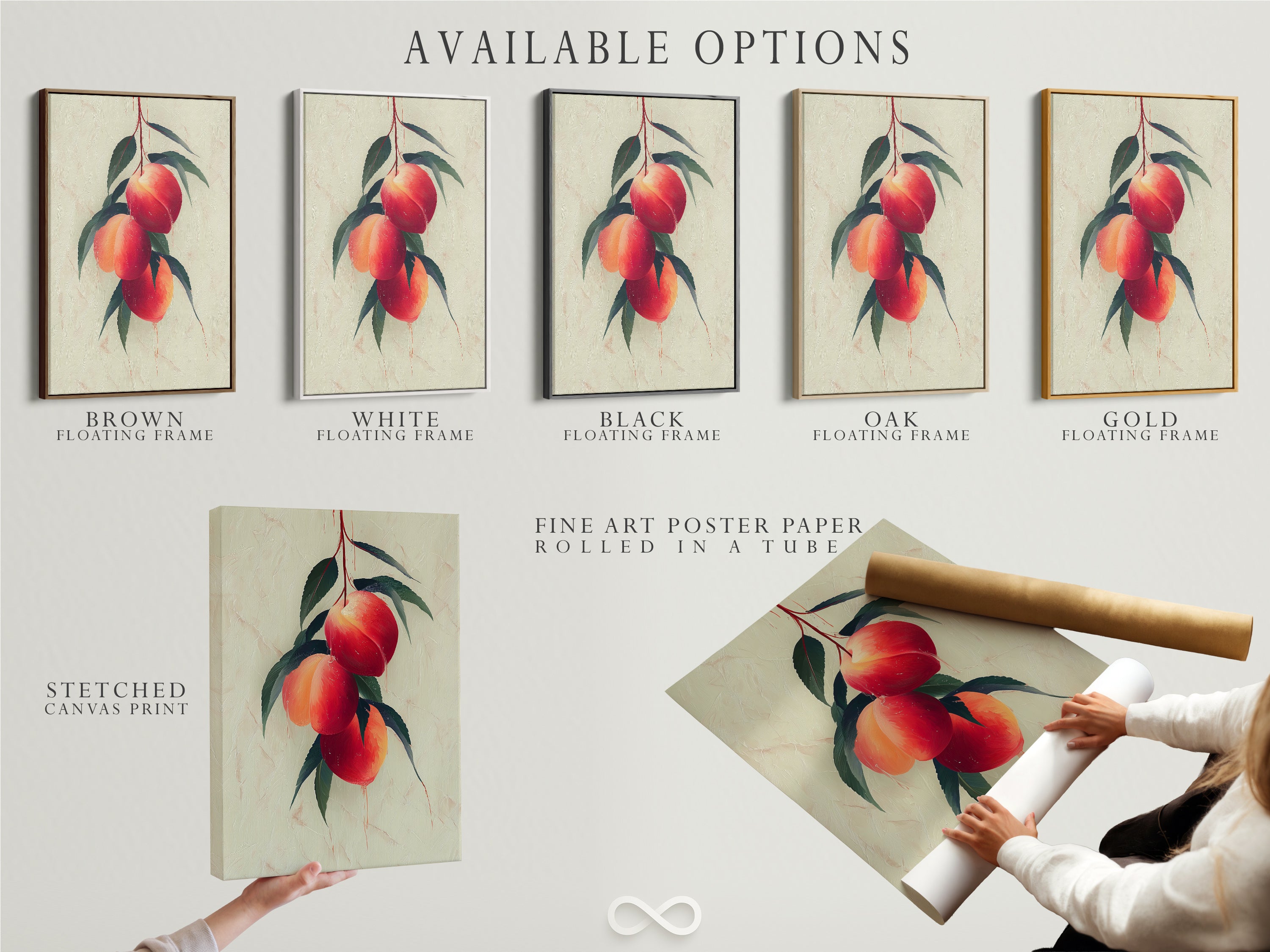 Explore available options for your peach fruit botanical wall art. Choose from a stretched canvas print fine art poster paper or a floating frame. Perfect for modern kitchen decor and farmhouse style. Customize your artwork to match your aesthetic. Elevate your space with personalized art.