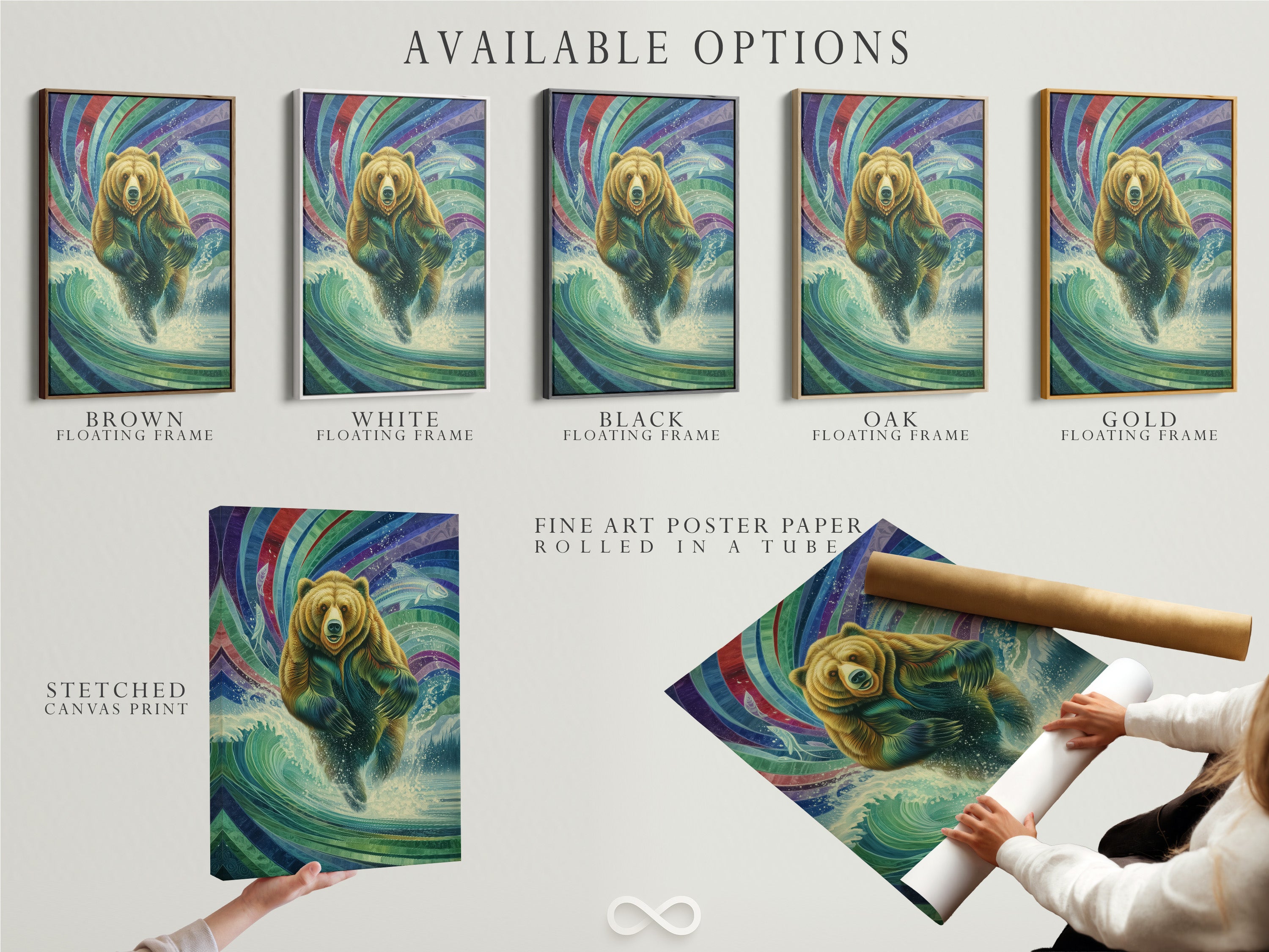 Available options for Mystical Grizzly Bear artwork include stretched canvas print fine art poster paper and floating frame. The artwork depicts a bear emerging from water with colorful details. Customize your wildlife art print to match your style and space.
