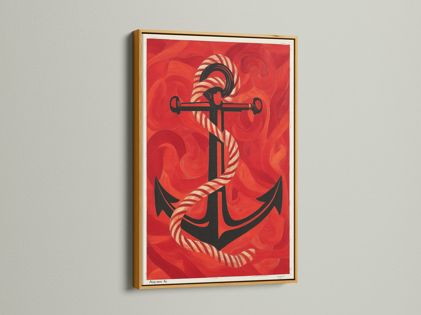 Nautical Anchor Canvas in a Gold Frame. The red ocean artwork is a maritime statement. This sailor gift brings coastal charm. The vintage anchor artwork is elegant. Add sea themed art to your beach house. This navy art piece is a great conversation starter.