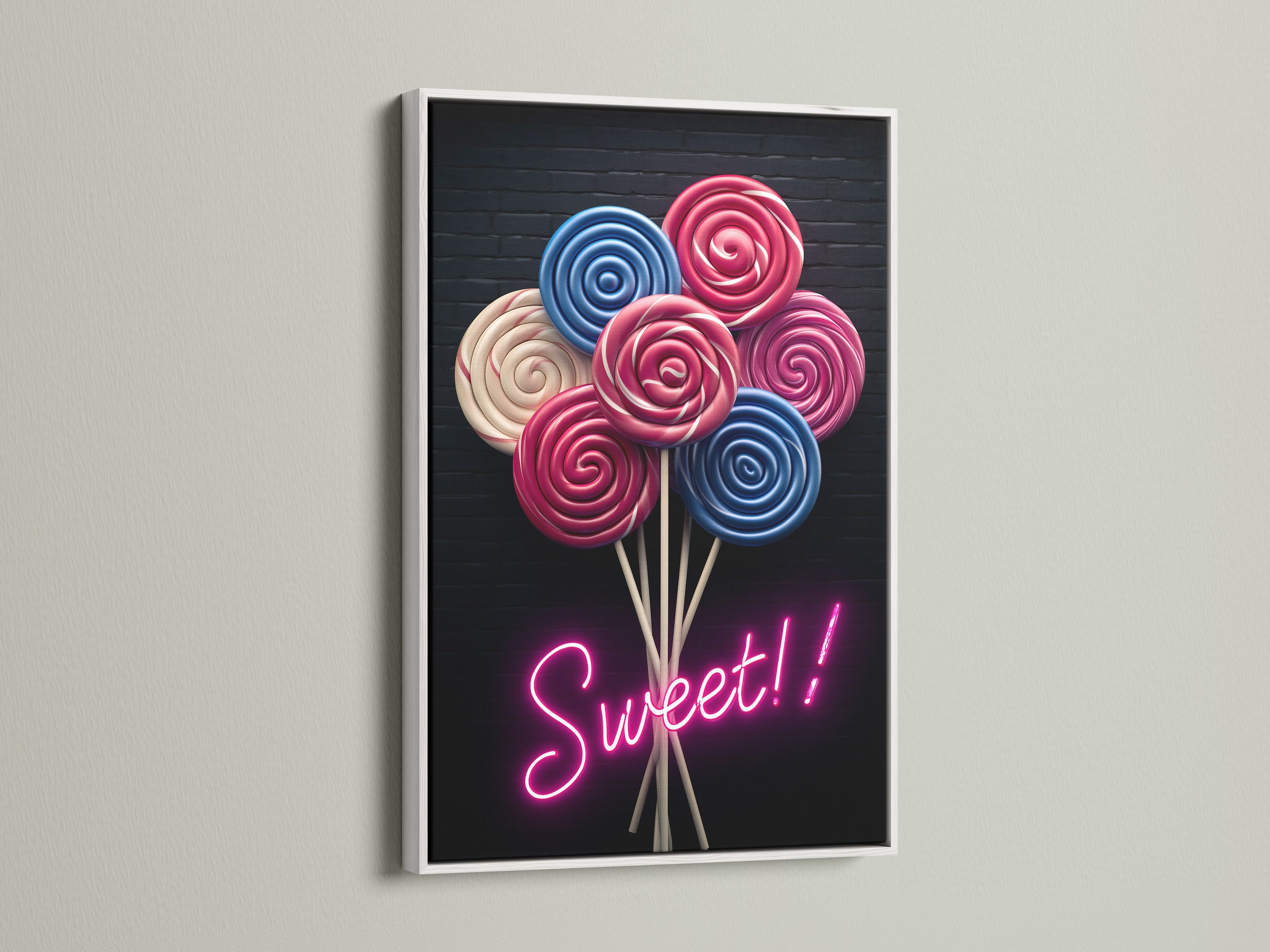 Lollipop Candy Art in a White Frame. The sweet treats artwork brings a playful vibe to your space. Ideal for a kid's room or candy shop. The colorful art print enhances any wall. It is a modern confectionery poster.