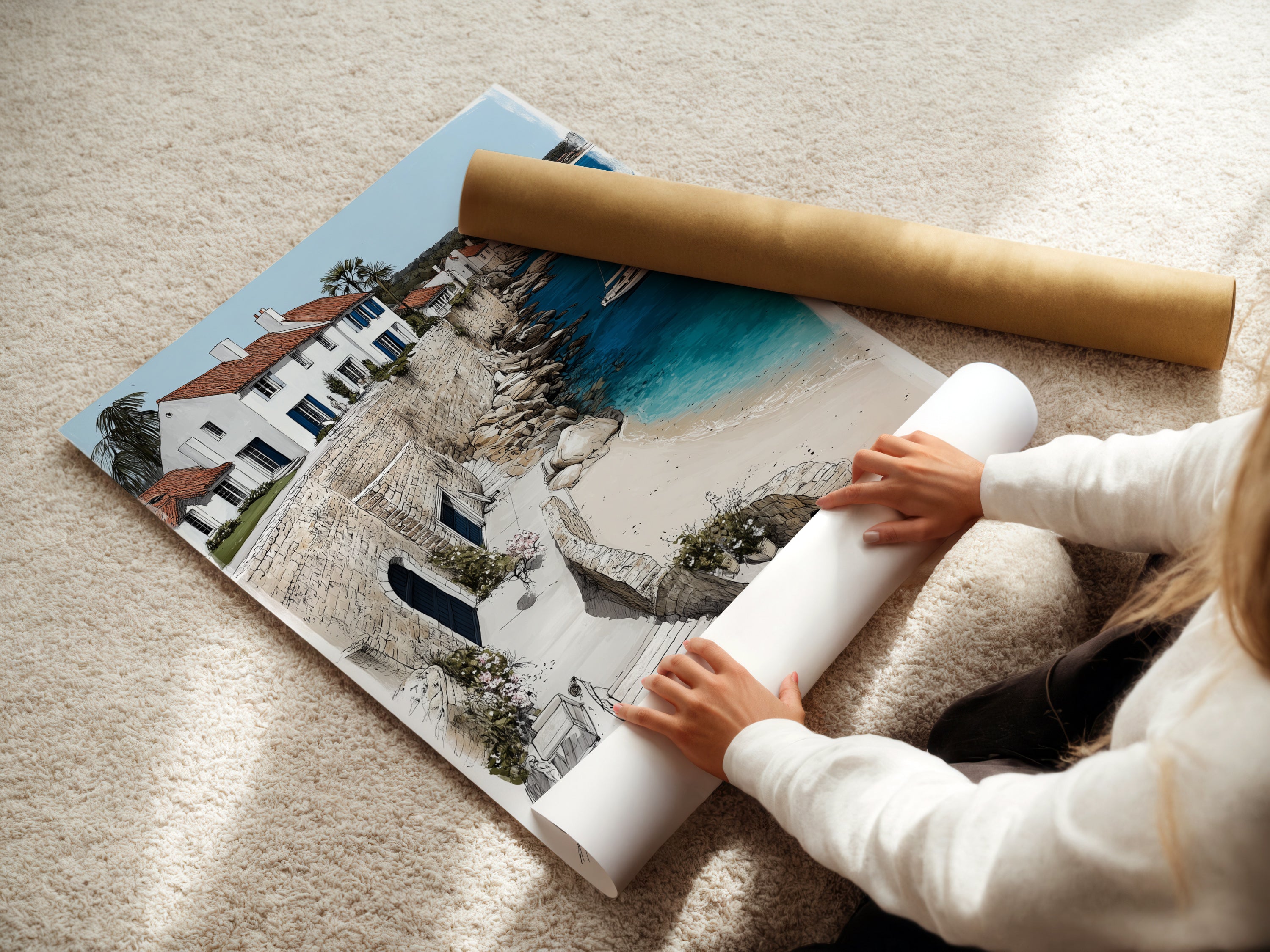 A woman is carefully rolling a fine art poster paper of the Coastal Village artwork. The artwork captures a serene Mediterranean coastline. The fine art poster paper ensures high-quality reproduction. Perfect for homeowners renters and interior designers. This artwork brings coastal elegance to any space.