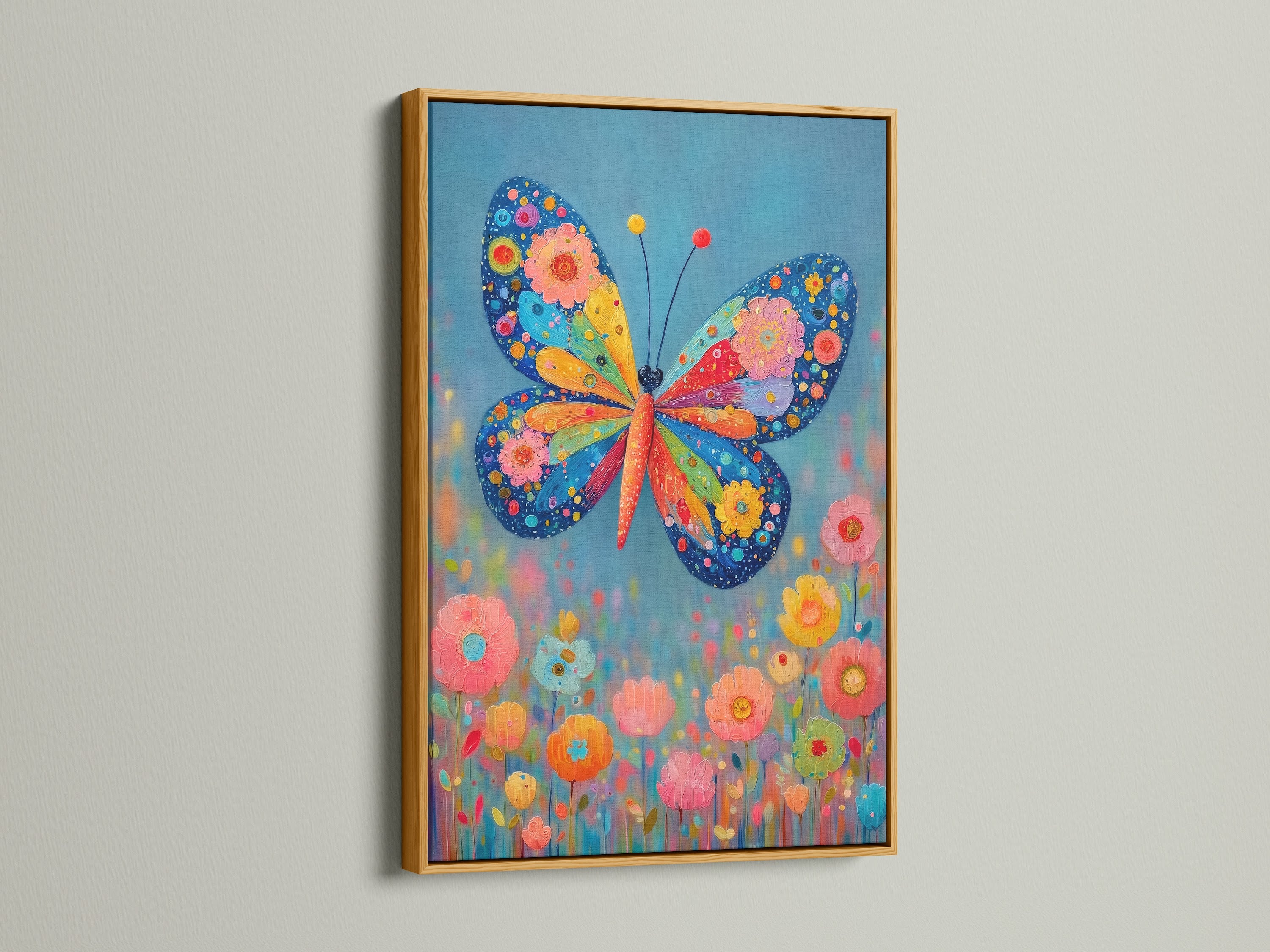 A gold frame highlights a colorful butterfly artwork. The artwork features a whimsical insect theme with floral accents. The gold frame adds a touch of elegance. This vibrant artwork is ideal for kids' rooms nurseries or anyone seeking a Bohemian style.