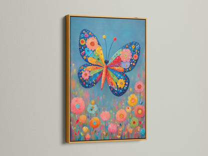 A gold frame adds a touch of elegance to this butterfly decor. The colorful wall art is perfect for girly wall art themes. This floral canvas is ideal for adding a luxurious feel to bedroom wall decor. This artwork is a vivid art print.