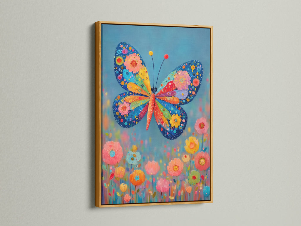 Butterfly Canvas Print in a gold frame. The colorful print is vibrant. It is perfect for butterfly decor. The floral artwork is a stunning piece of home art. Add a touch of whimsy.