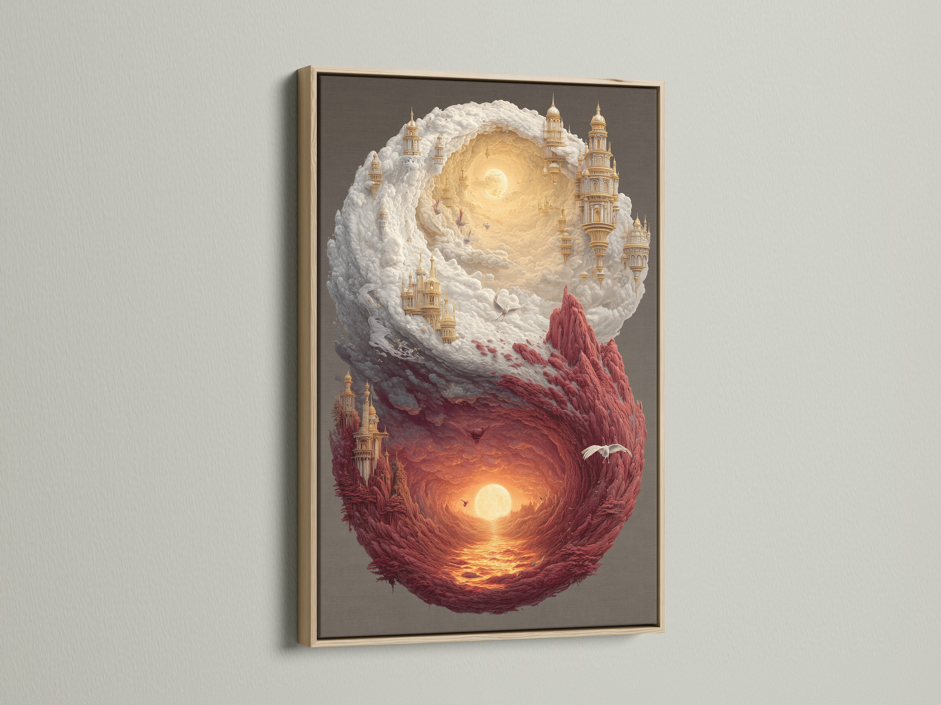 A framed art print featuring an oak frame. The artwork depicts a mesmerizing composition. It combines celestial castles with a fiery sunset landscape. The oak frame complements the art adding warmth and sophistication to the piece.