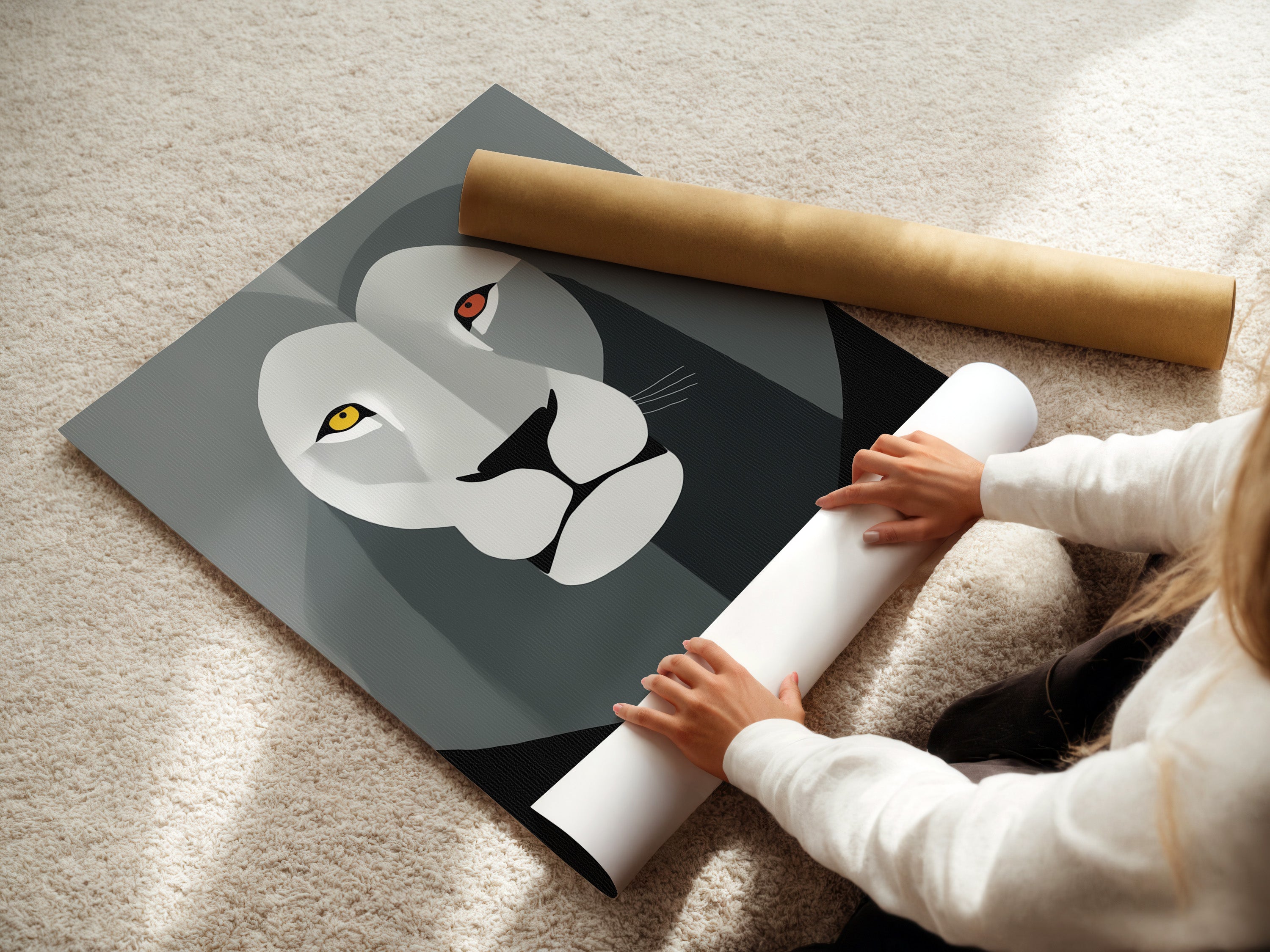 A woman is carefully rolling a fine art poster paper. She is preparing it for framing or display. This fine art poster paper ensures high-quality prints. It is ideal for artwork that demands precision. This paper enhances the artwork's details and colors.