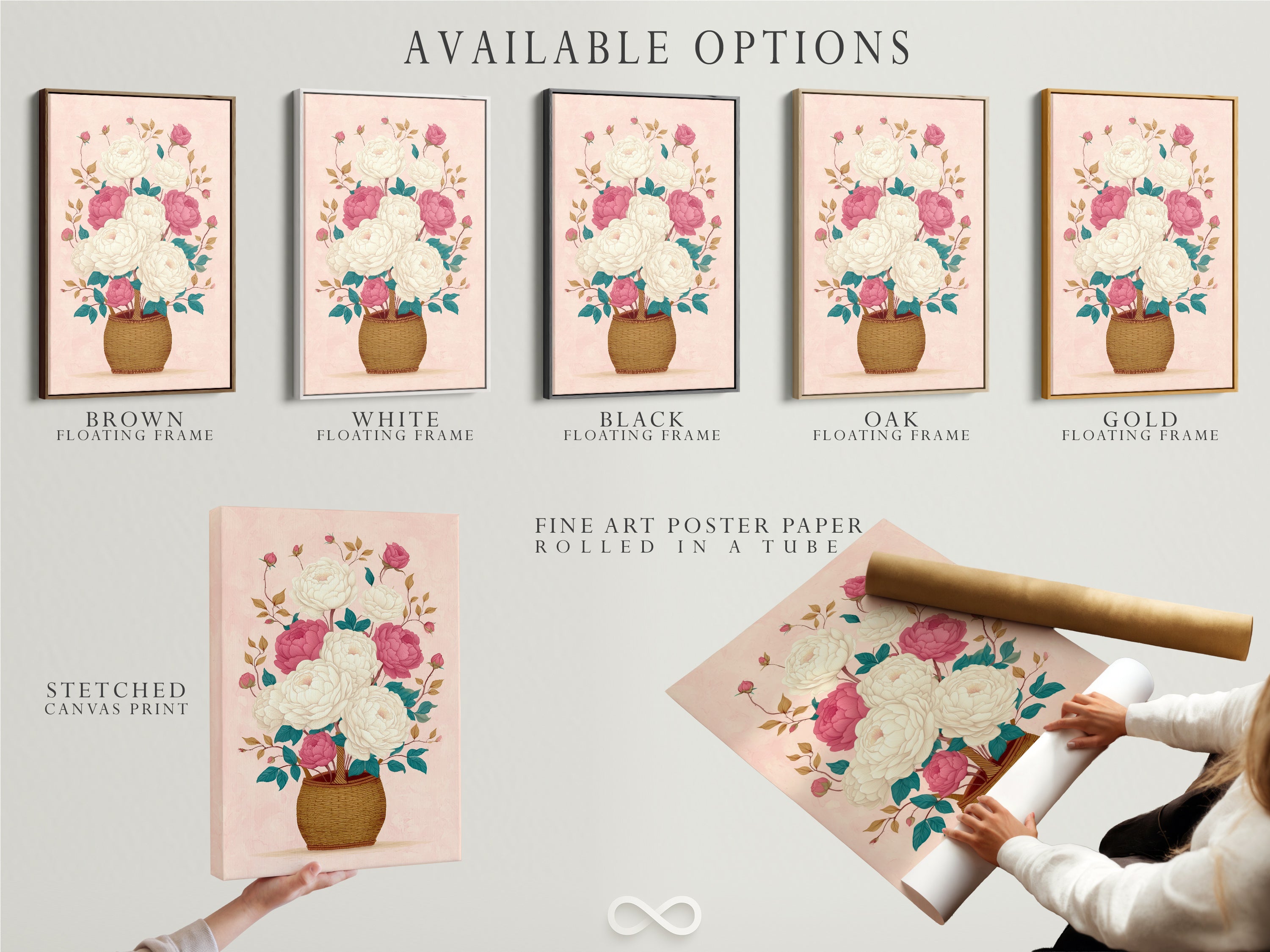 Explore available options for your floral canvas art. Choose from stretched canvas prints fine art poster paper and floating frames. Customize your pink peony artwork to match your style. Discover botanical prints today.