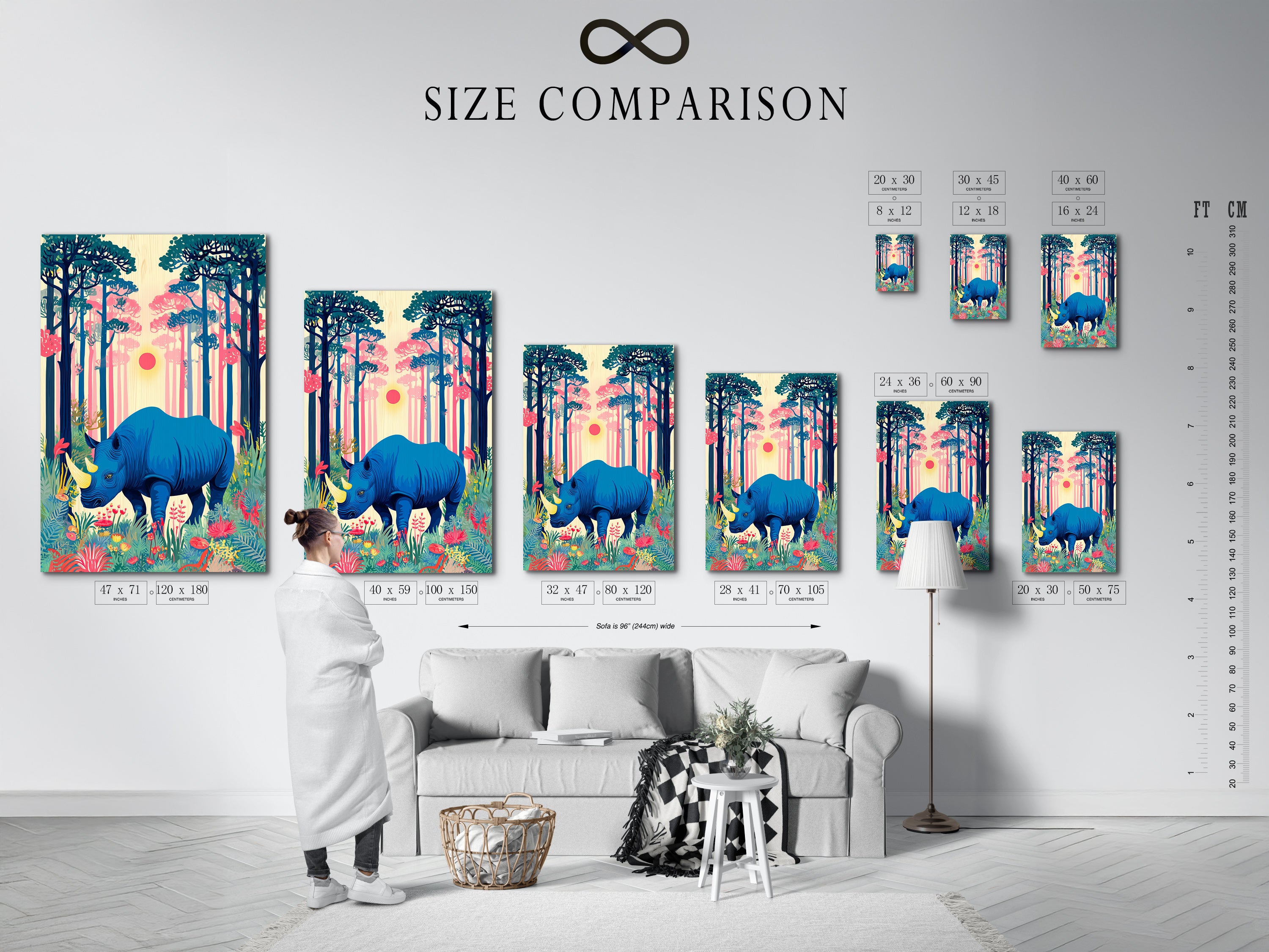 A size comparison chart shows the blue rhino artwork in an interior. See how the wildlife canvas fits in different room sizes. Choose the perfect dimensions for your tropical print. Visualize your home decor with this helpful guide. Enhance your space with savanna art.