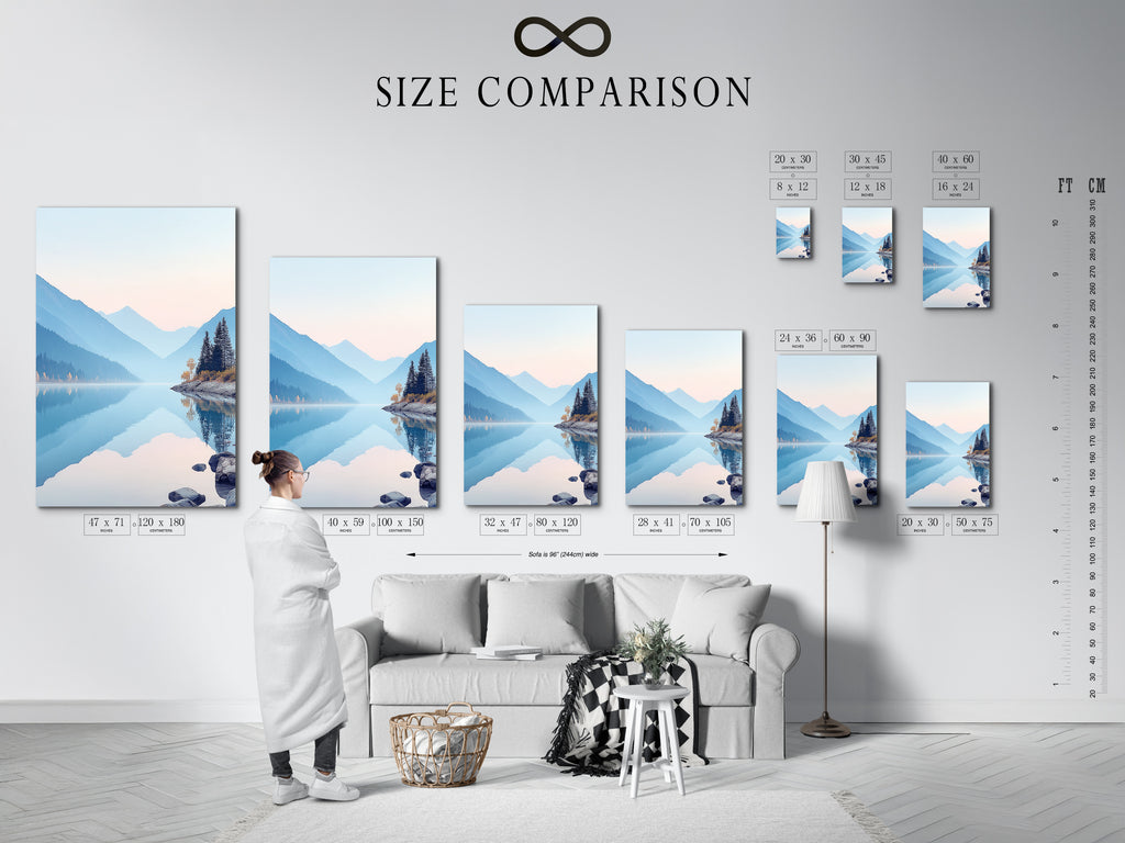 Size comparison chart displayed in an interior setting. See how the mountain lake artwork fits your space. Serene nature landscape photography in various sizes. Pastel blue wall art options are available. Ideal for planning your bedroom wall decor. Find the perfect calming piece.