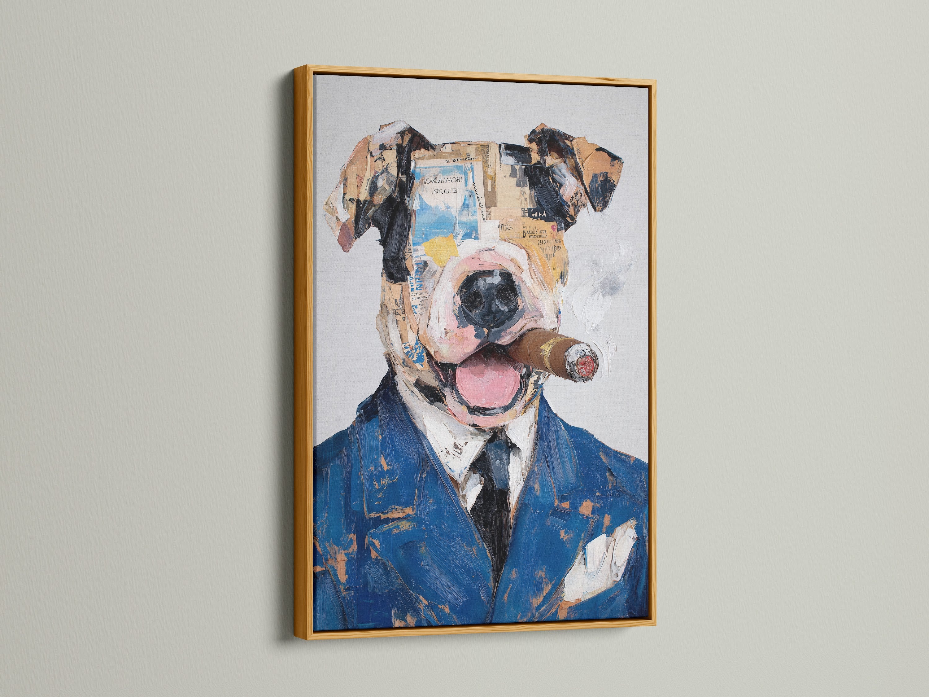 Dog portrait art displayed in a gold frame. This mixed media print is a luxurious addition. The quirky dog art shines as office wall decor. It is a fine example of contemporary art. This piece makes a memorable dog lover gift.