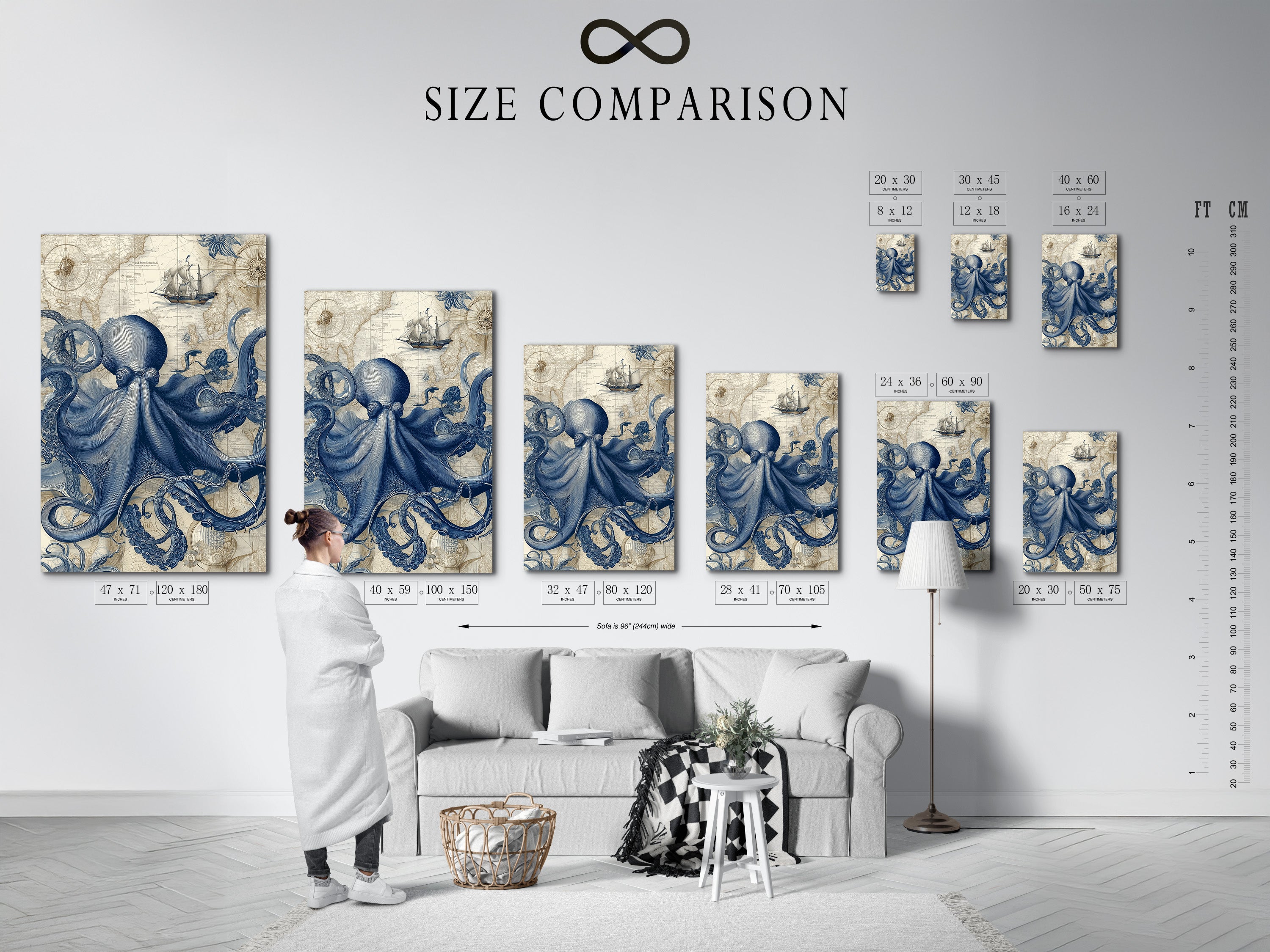 An interior displays a size comparison chart. Visualizing how different art sizes fit in your space. Find the perfect dimensions for your walls and create a harmonious display.