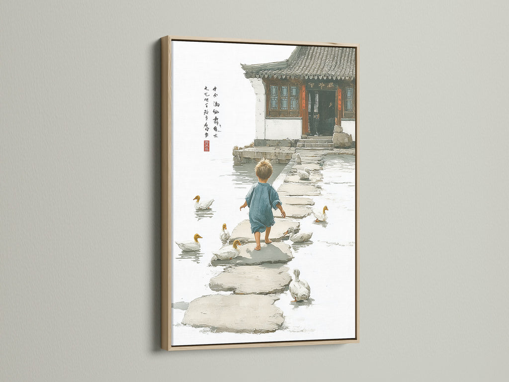 This oak frame presents a charming artwork. The picture shows a child walking among ducks on stepping stones. The oak finish adds warmth and sophistication. This framed art elevates your home decor. Its natural wood grain complements the artwork beautifully.