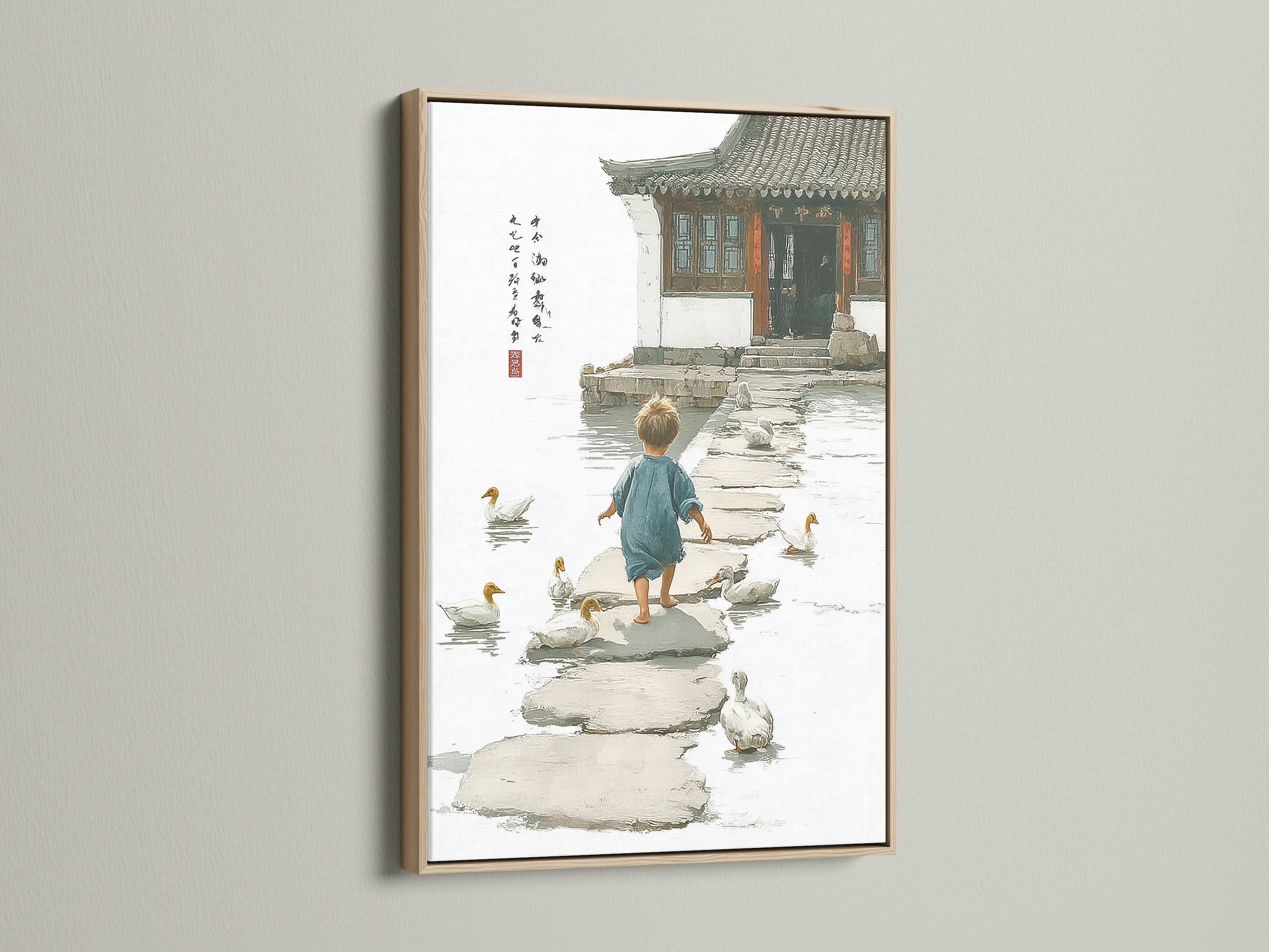 This oak frame presents a charming artwork. The picture shows a child walking among ducks on stepping stones. The oak finish adds warmth and sophistication. This framed art elevates your home decor. Its natural wood grain complements the artwork beautifully.