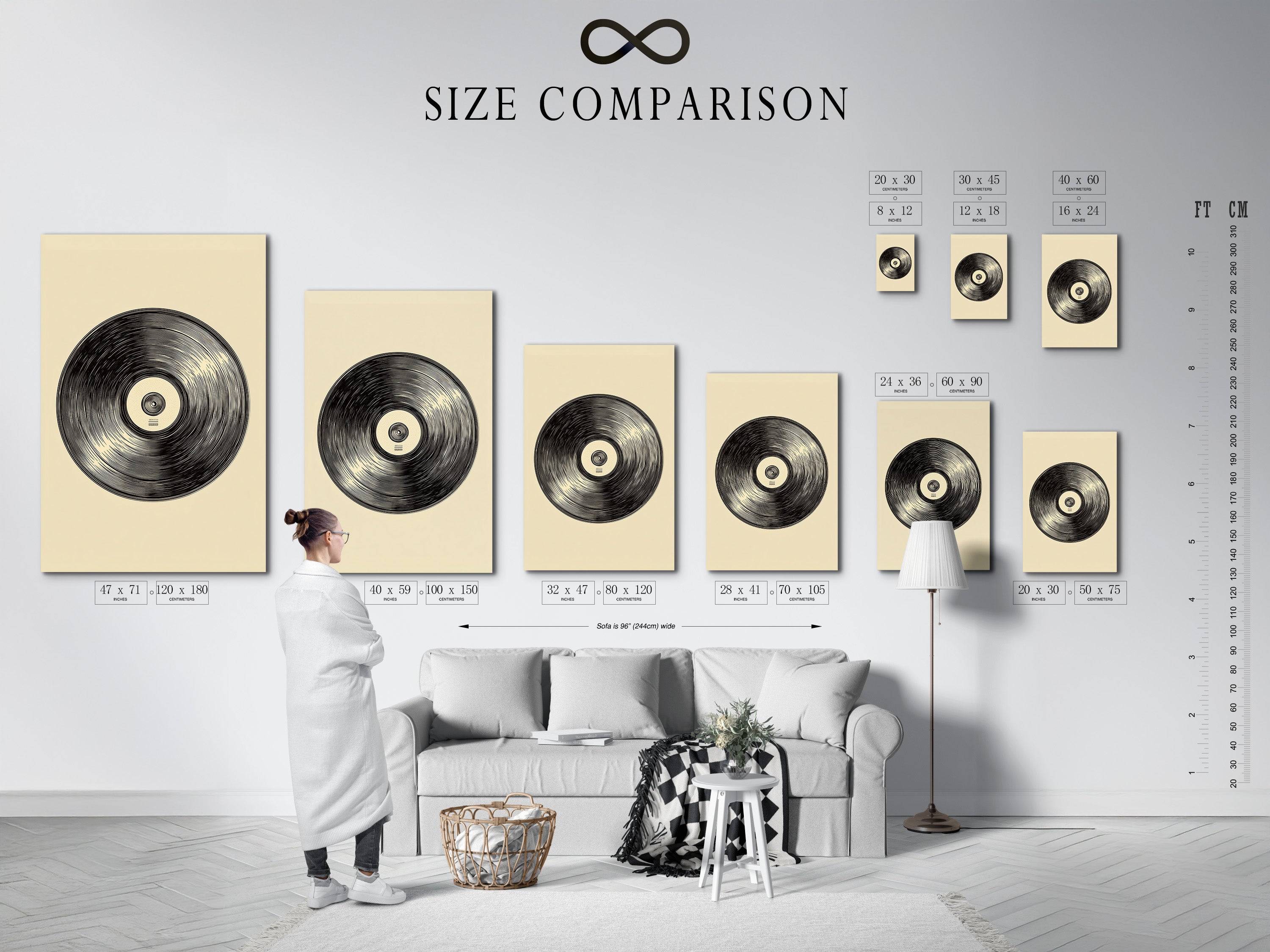The image features a size comparison chart in an interior setting. This chart helps visualize artwork dimensions. It ensures perfect artwork placement. Use our chart to choose the ideal size for your space.