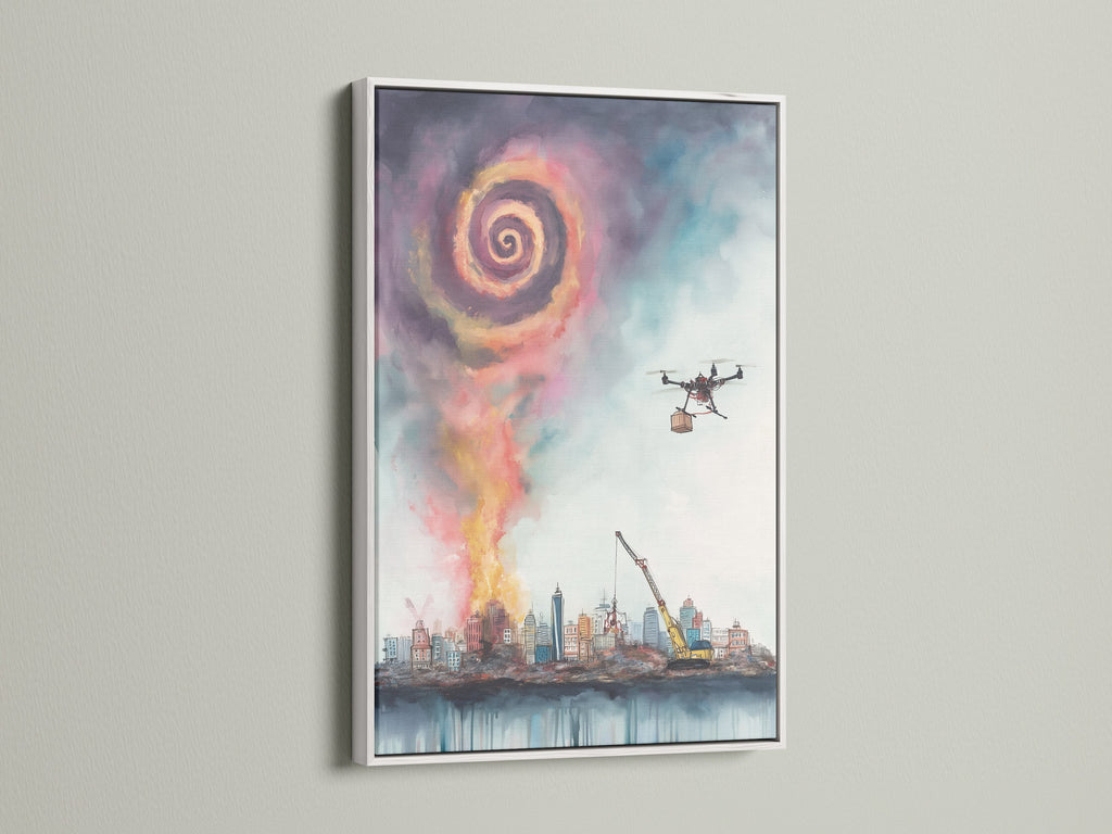Showcasing a surreal cityscape artwork in a sleek white frame. The contrast highlights the urban fantasy art. A drone delivers amid the dreamlike skyline. This modern wall art is perfect for adding a contemporary touch to any office or living space.