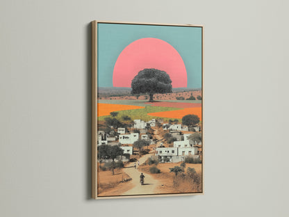 A stunning Indian Village Canvas artwork print is showcased in an oak frame. The warm tones of the desert landscape and retro sunset create a captivating visual. Ideal wall decor for living rooms bedrooms and offices seeking global art.
