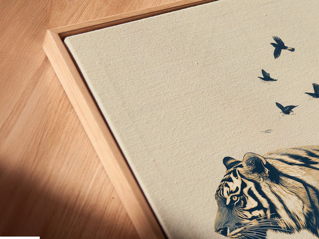 A close-up angled view showcases a canvas print in a floating frame. The blue tiger artwork appears to float adding depth. This contemporary piece enhances any space. Perfect for minimalist wall art enthusiasts. Discover the unique appeal of wildlife silhouette art.