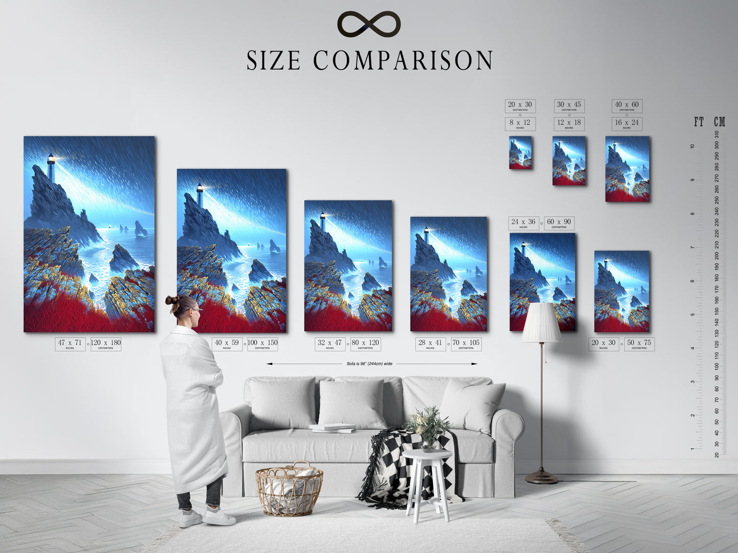 A size comparison chart featuring the Lighthouse Seascape in an interior setting. This helps visualize the artwork in your space. This coastal wall art is available in various sizes. The dramatic ocean artwork complements any room. Perfect for nautical decor planning