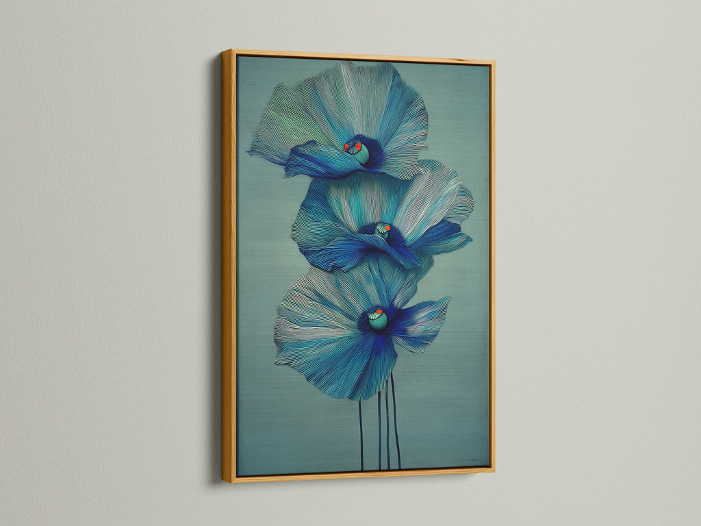 A gold frame brings a touch of elegance to this blue floral canvas print. The metallic finish enhances the modern botanical wall art. It creates a luxurious feel for your teal flower artwork in any room. This frame adds glamor
