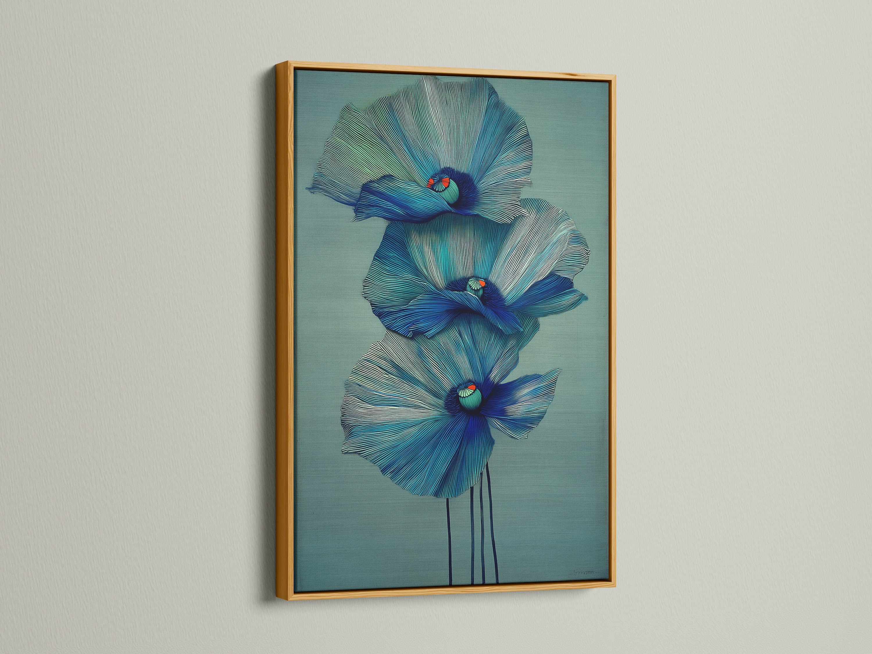 A gold frame brings a touch of elegance to this blue floral canvas print. The metallic finish enhances the modern botanical wall art. It creates a luxurious feel for your teal flower artwork in any room. This frame adds glamor