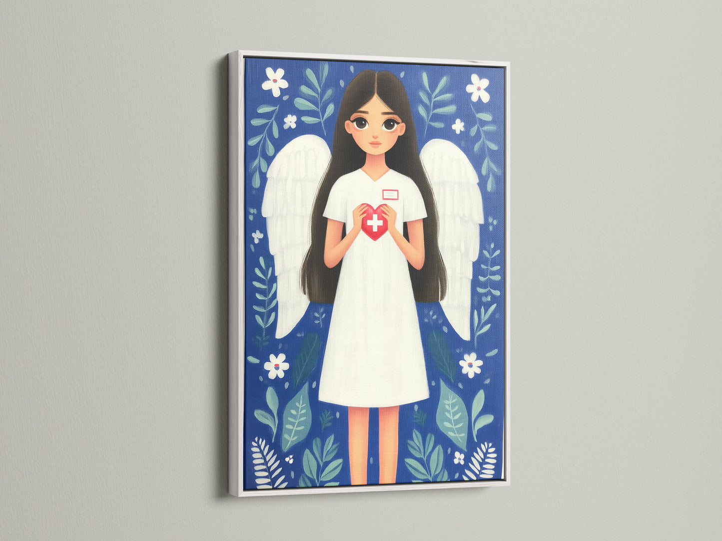 Nurse Angel artwork with a white frame. It is a heartfelt medical staff appreciation gift. The illustration shows a nurse with angel wings holding a heart with a medical cross. This fine art poster enhances any medical office with its calming blue and white floral artwork.