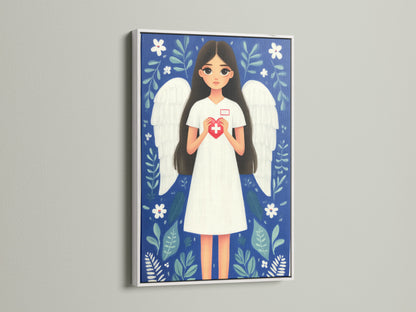 Nurse Angel artwork with a white frame. It is a heartfelt medical staff appreciation gift. The illustration shows a nurse with angel wings holding a heart with a medical cross. This fine art poster enhances any medical office with its calming blue and white floral artwork.