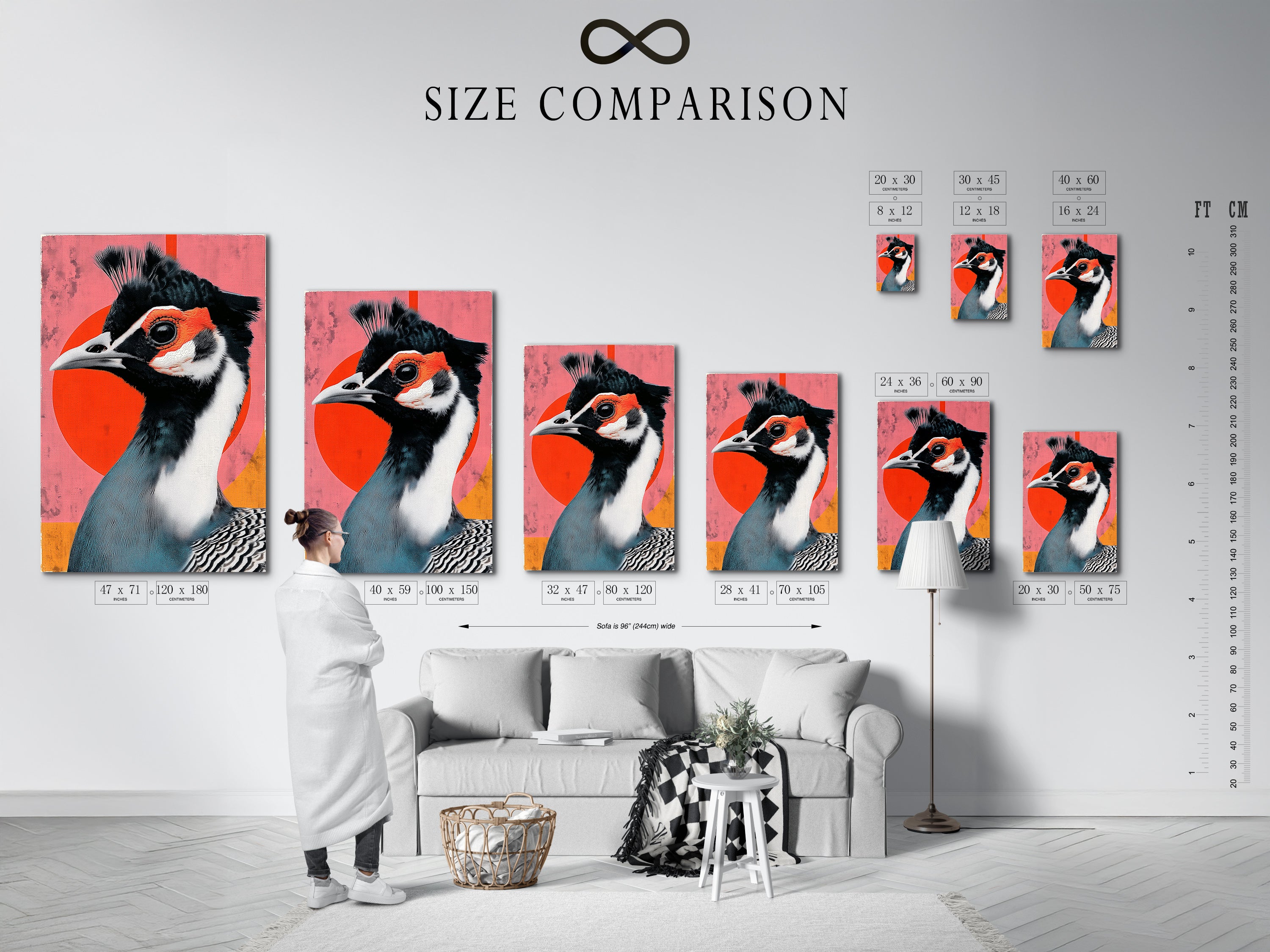 Size comparison chart in an interior setting. See how the Exotic Bird canvas print fits your space. Visualize the impact of this teal and coral wall art. Perfect for home decor. Explore the options and find the ideal size for your wall.