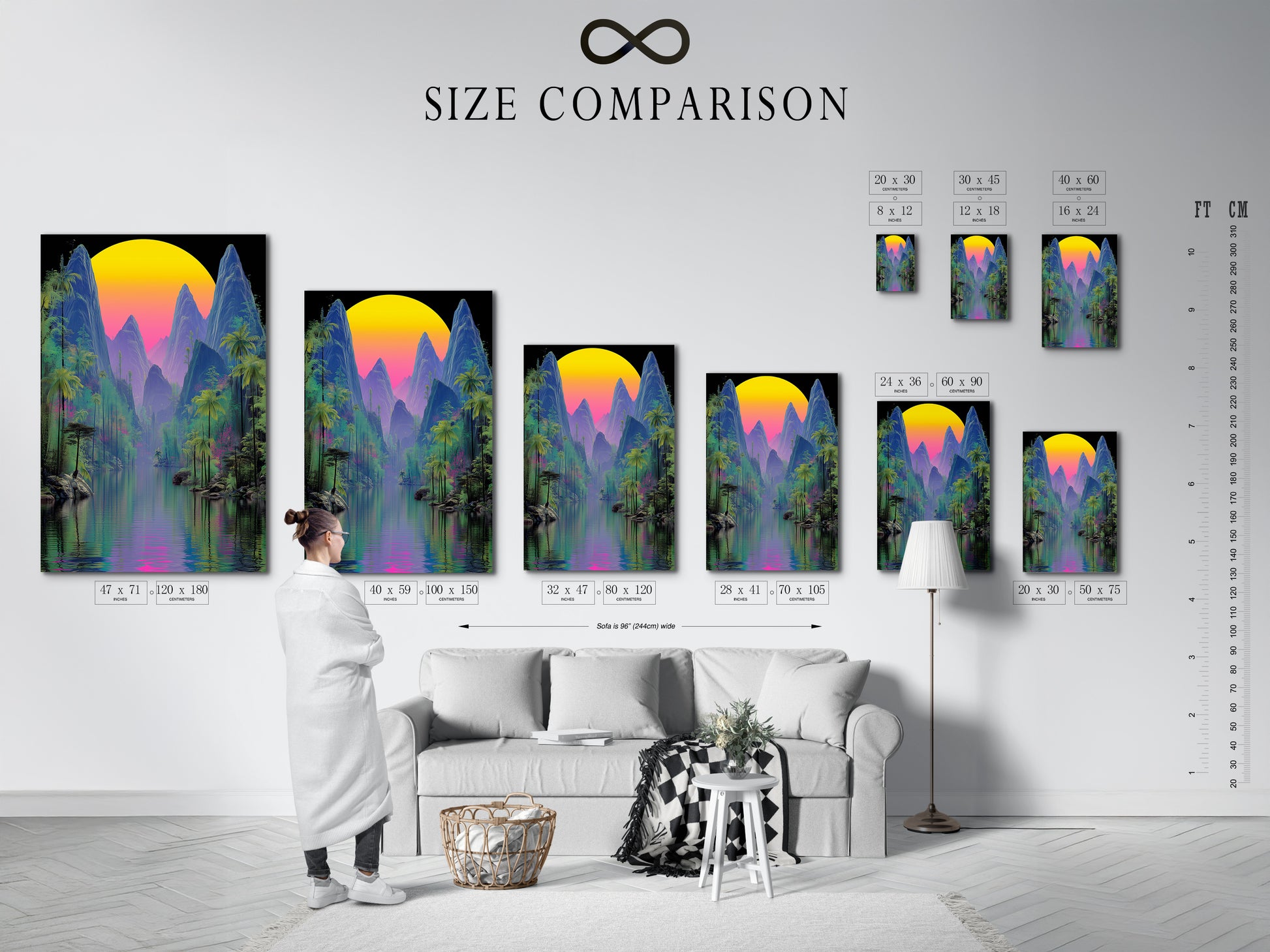 A size comparison chart is displayed in an interior setting. It showcases various sizes of the tropical mountain artwork. Choose the perfect size for your space. This vaporwave sunset canvas print will enhance any room with its cyberpunk nature aesthetic.