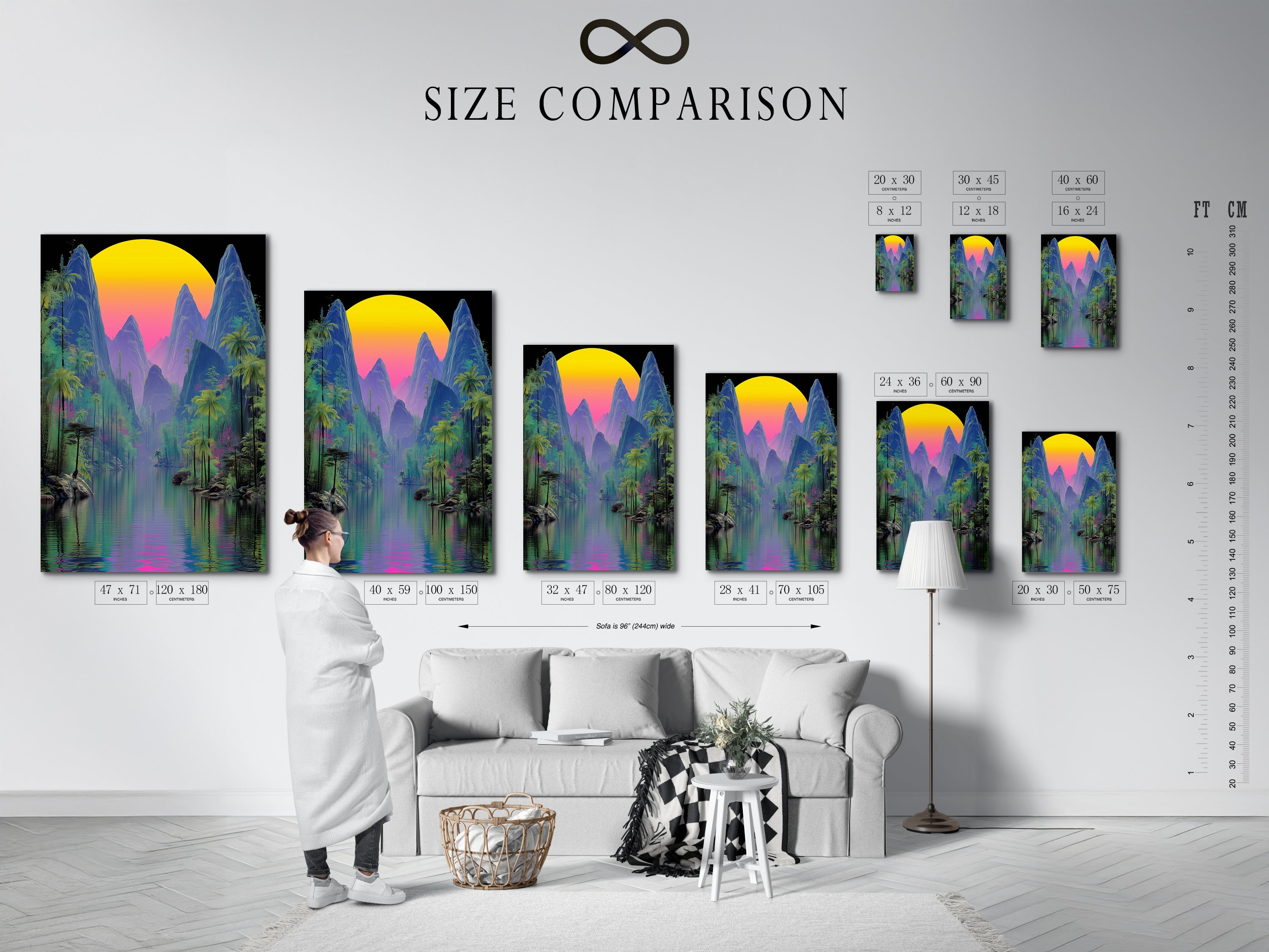A size comparison chart is displayed in an interior setting. It showcases various sizes of the tropical mountain artwork. Choose the perfect size for your space. This vaporwave sunset canvas print will enhance any room with its cyberpunk nature aesthetic.