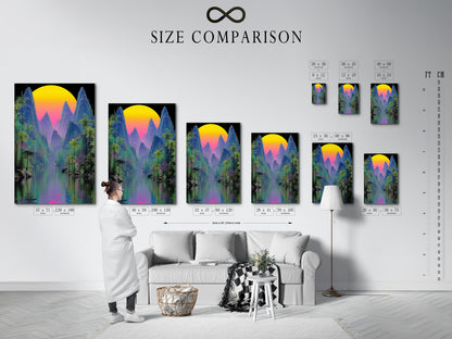 A size comparison chart is displayed in an interior setting. It showcases various sizes of the tropical mountain artwork. Choose the perfect size for your space. This vaporwave sunset canvas print will enhance any room with its cyberpunk nature aesthetic.