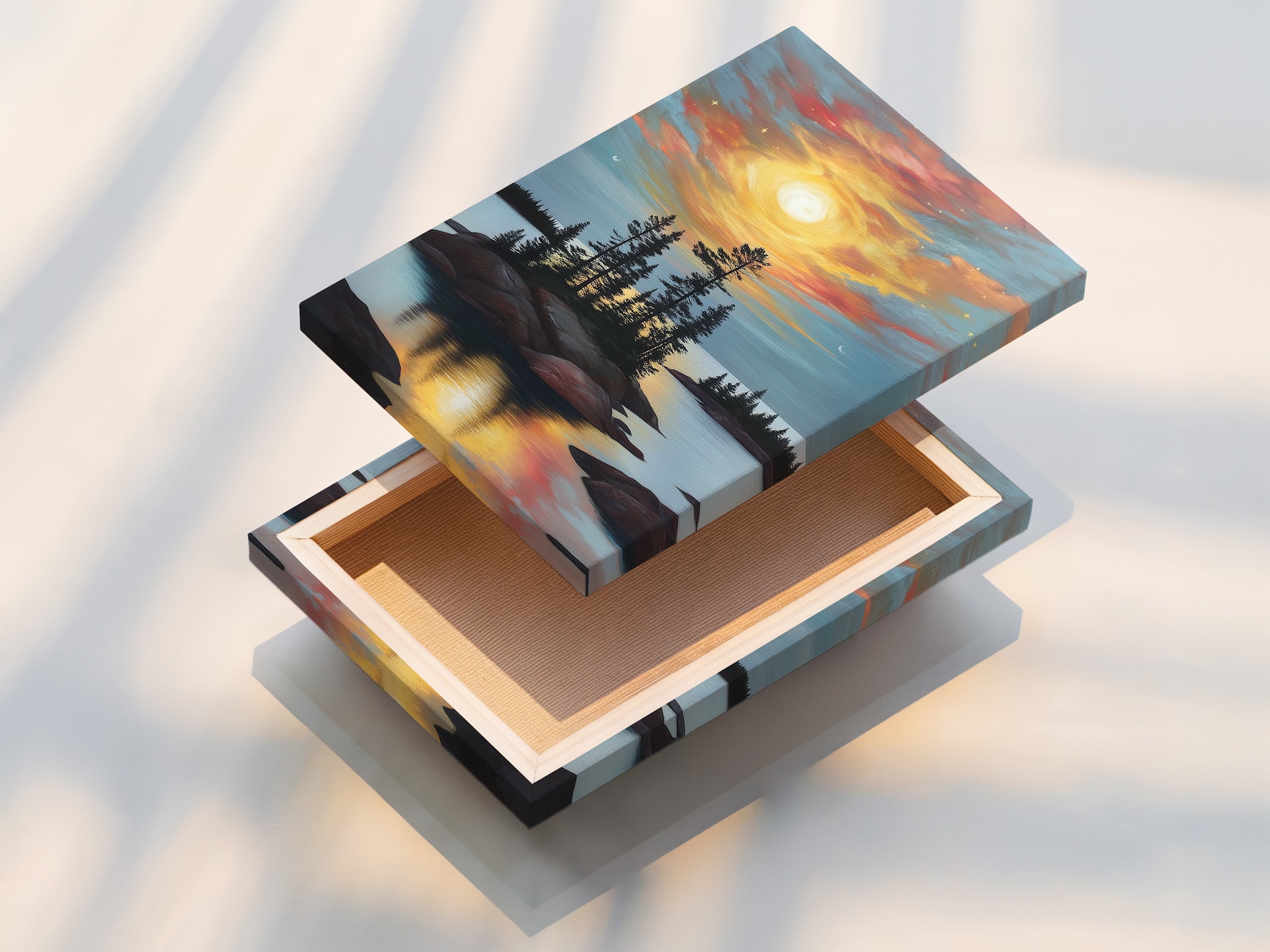 A stretched canvas print of the Lake Sunset artwork is displayed. The artwork captures the beauty of a sunset over a lake with pine trees. This piece will add a touch of nature to any space. Perfect for your bedroom wall decor.