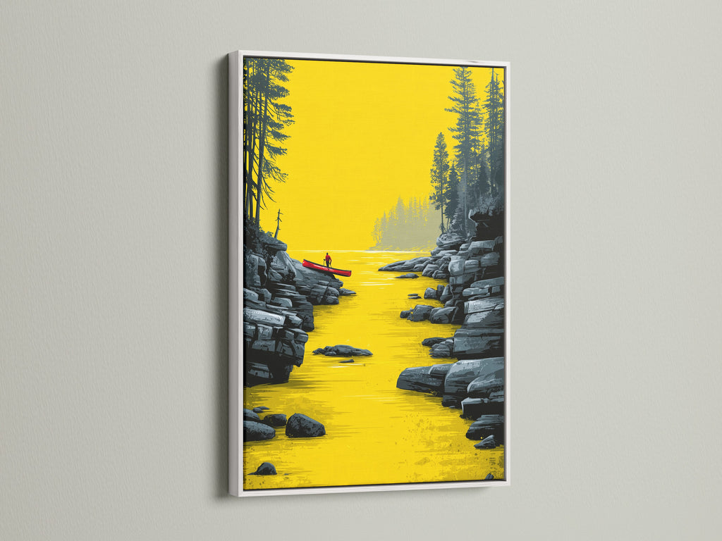 River Kayak Canvas Artwork with a White Frame. The artwork features a serene river scene with a lone kayaker. Perfect modern landscape artwork for your office or living room. Elevate your space with this golden yellow wall art today.