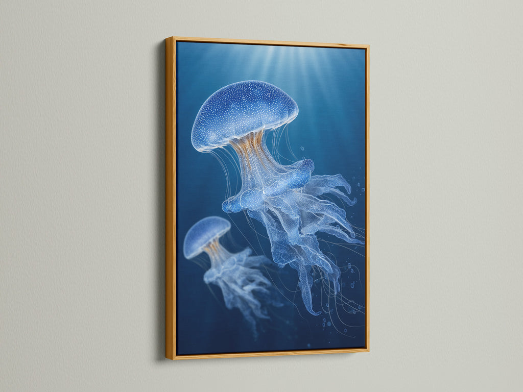 A luxurious gold frame displays jellyfish art. The metallic frame adds a touch of glamour and elegance. The artwork is stunning. The gold frame enhances the colors and details. It brings a sense of opulence to any room. Ideal for adding a sophisticated touch.