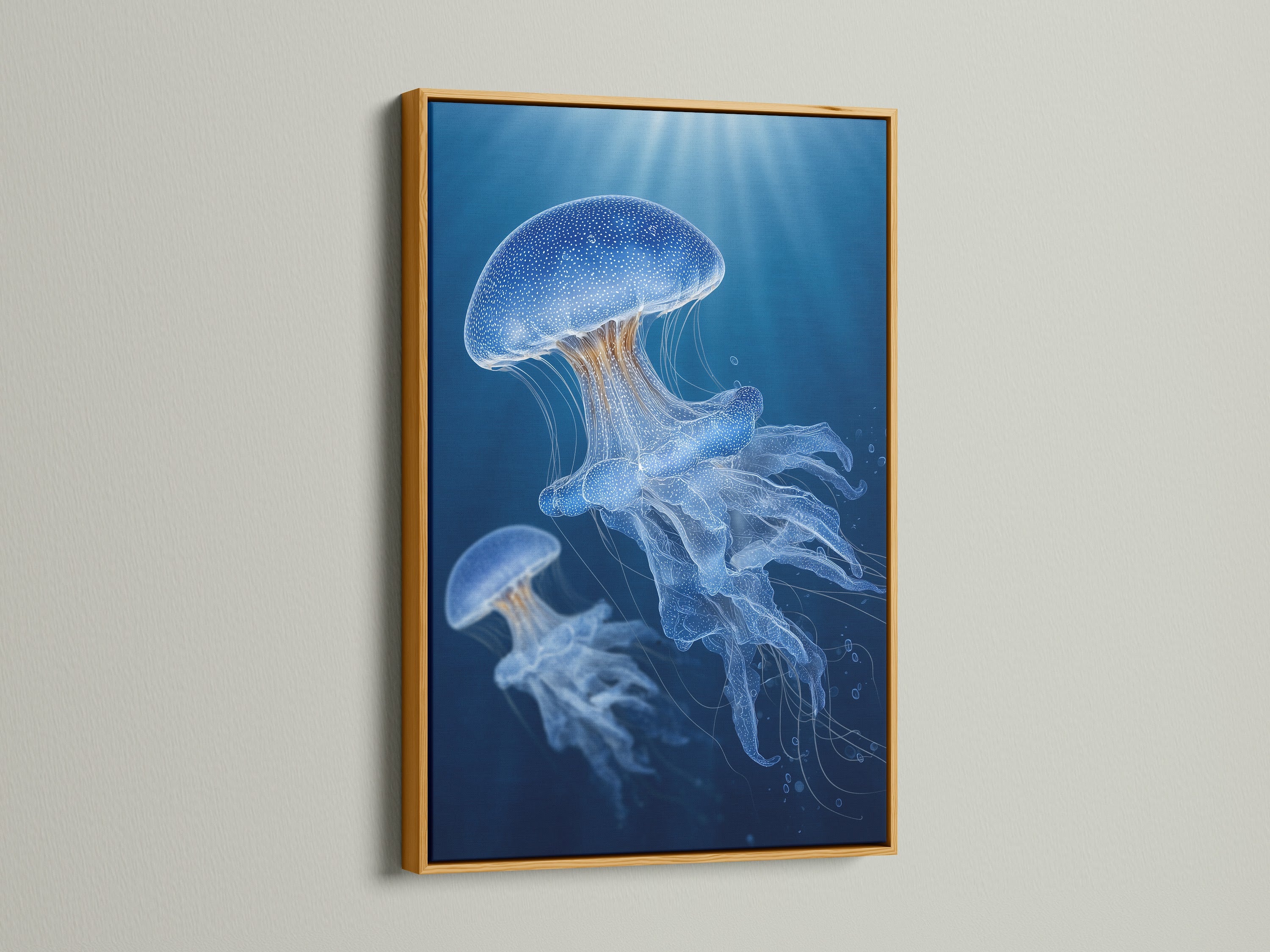 A luxurious gold frame displays jellyfish art. The metallic frame adds a touch of glamour and elegance. The artwork is stunning. The gold frame enhances the colors and details. It brings a sense of opulence to any room. Ideal for adding a sophisticated touch.