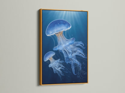 A luxurious gold frame displays jellyfish art. The metallic frame adds a touch of glamour and elegance. The artwork is stunning. The gold frame enhances the colors and details. It brings a sense of opulence to any room. Ideal for adding a sophisticated touch.