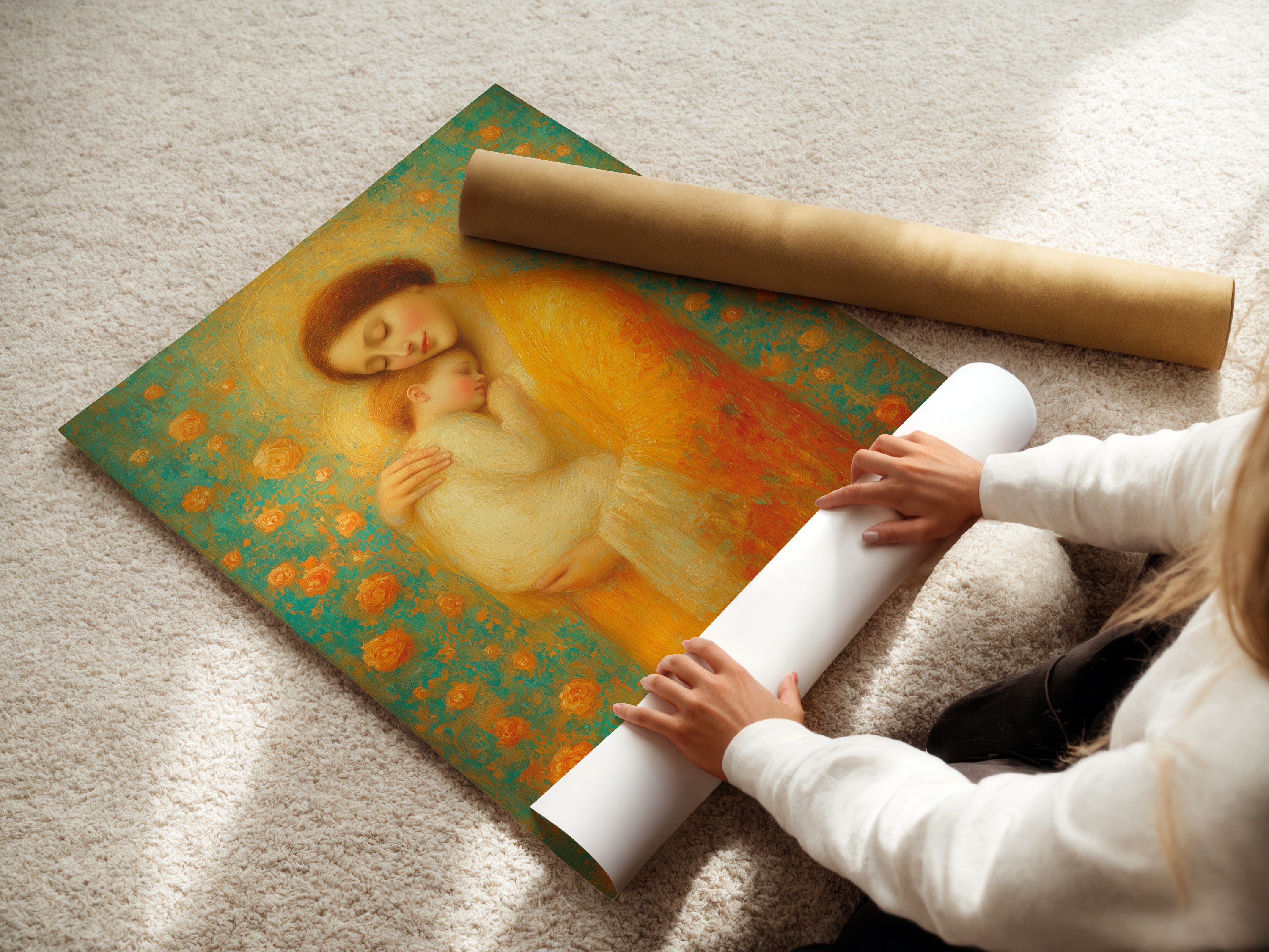 A woman is carefully rolling a fine art poster paper. This highlights the attention to detail. It shows the care in preparing your artwork. The fine art poster paper ensures high-quality reproduction.
