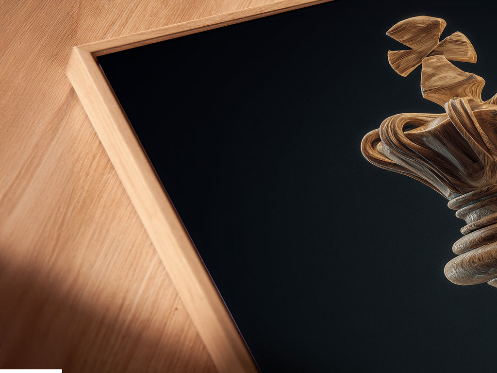 Angled close up of a canvas print. The artwork is displayed in a floating frame. This creates a modern and elegant presentation. The floating frame enhances the depth of the artwork. It gives the illusion that the art is floating.