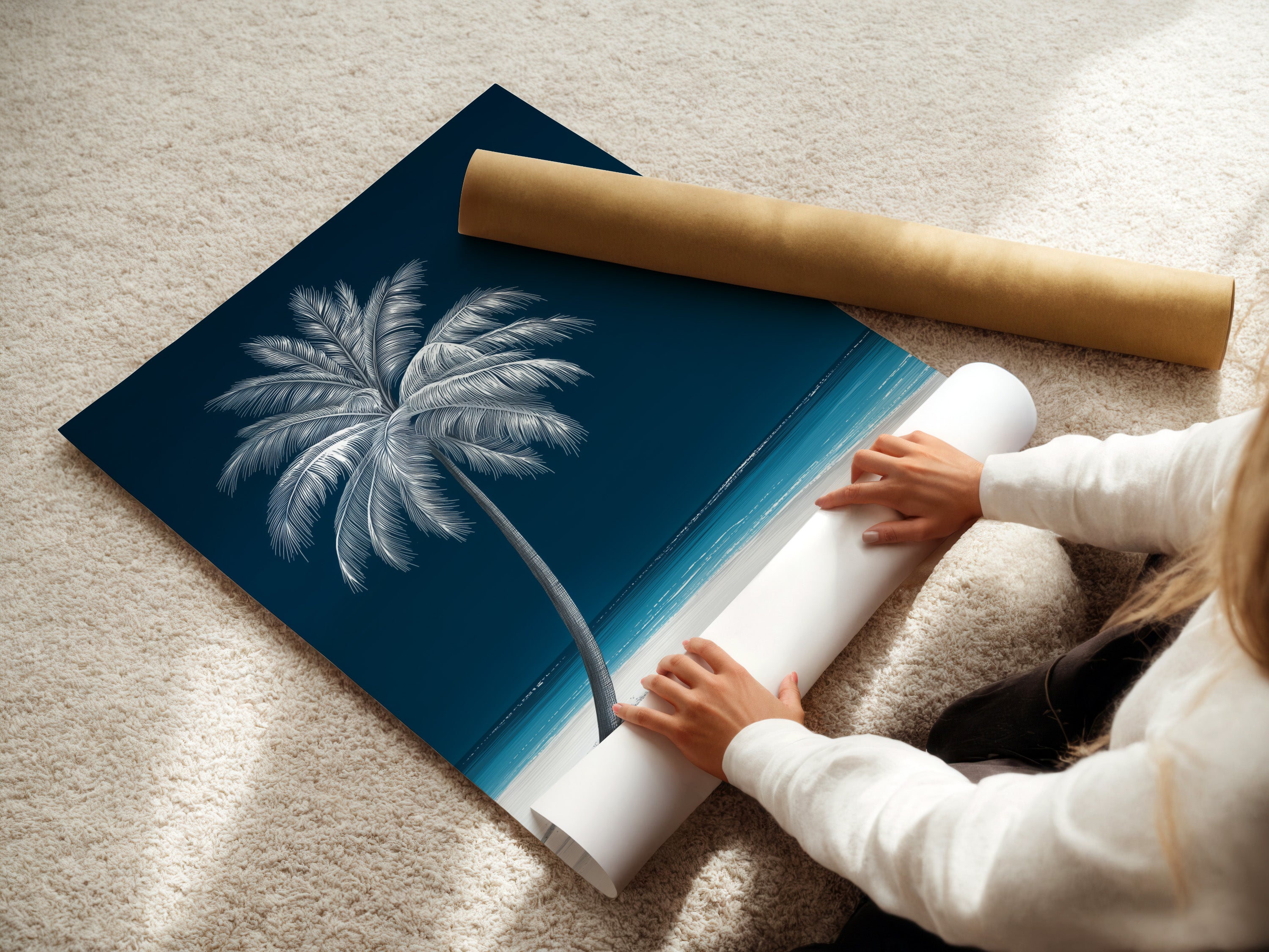 A woman is carefully rolling a fine art poster paper. The paper is a tropical palm tree artwork. This navy blue beach canvas print is perfect for coastal-themed interiors. 