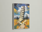 Enhance your space with leaning tower artwork in a clean white frame. The white frame provides a modern touch to this Italian wall art. A fine art poster paper option is shown.