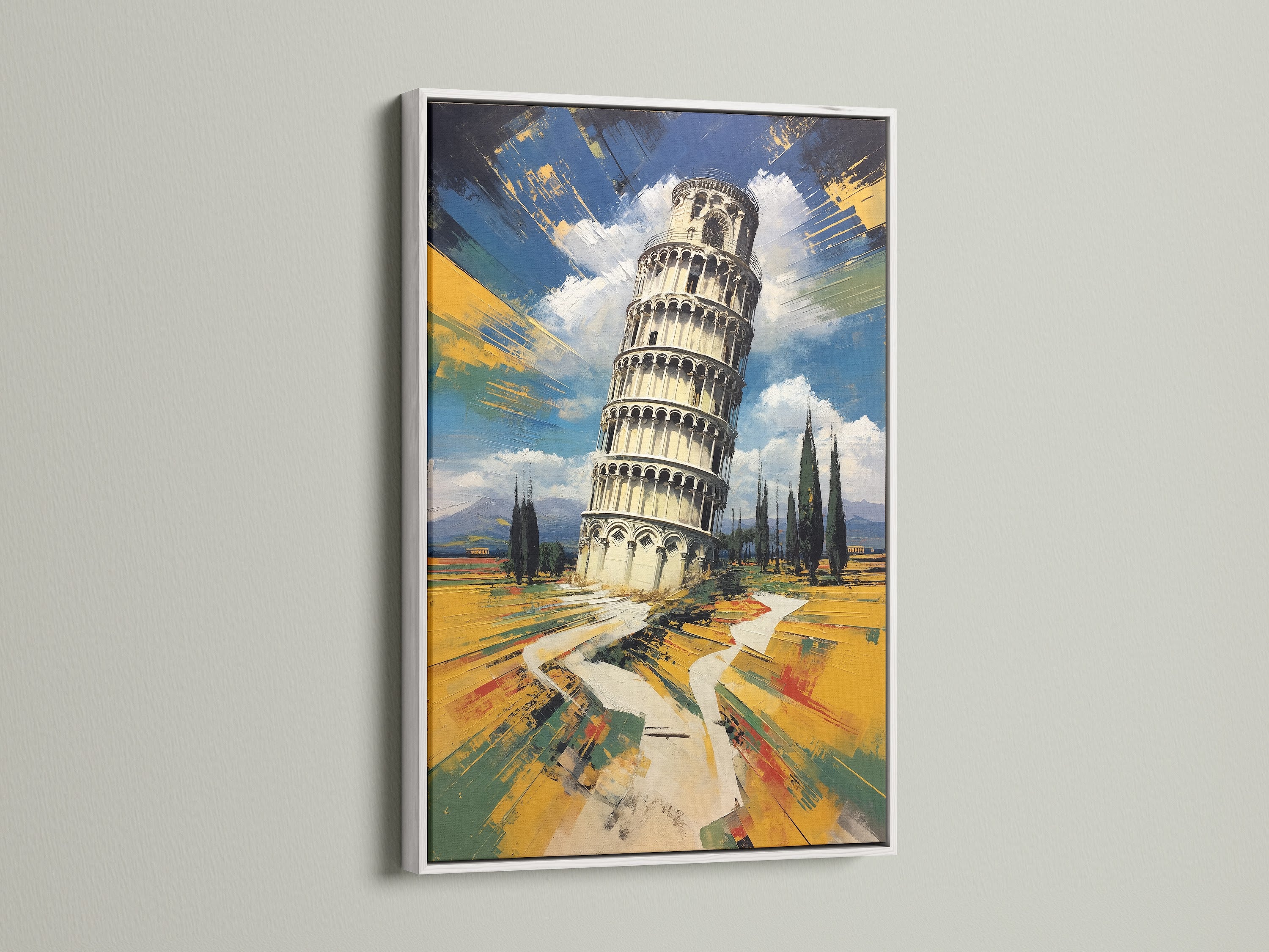Enhance your space with leaning tower artwork in a clean white frame. The white frame provides a modern touch to this Italian wall art. A fine art poster paper option is shown.